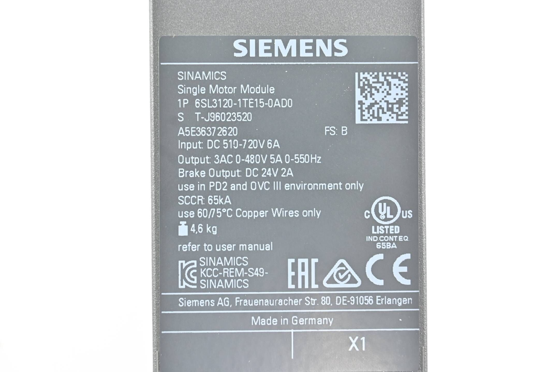 Siemens Sinamics S120 Single 6SL3120-1TE15-0AD0 ( 6SL3 120-1TE15-0AD0 ) Ver. B