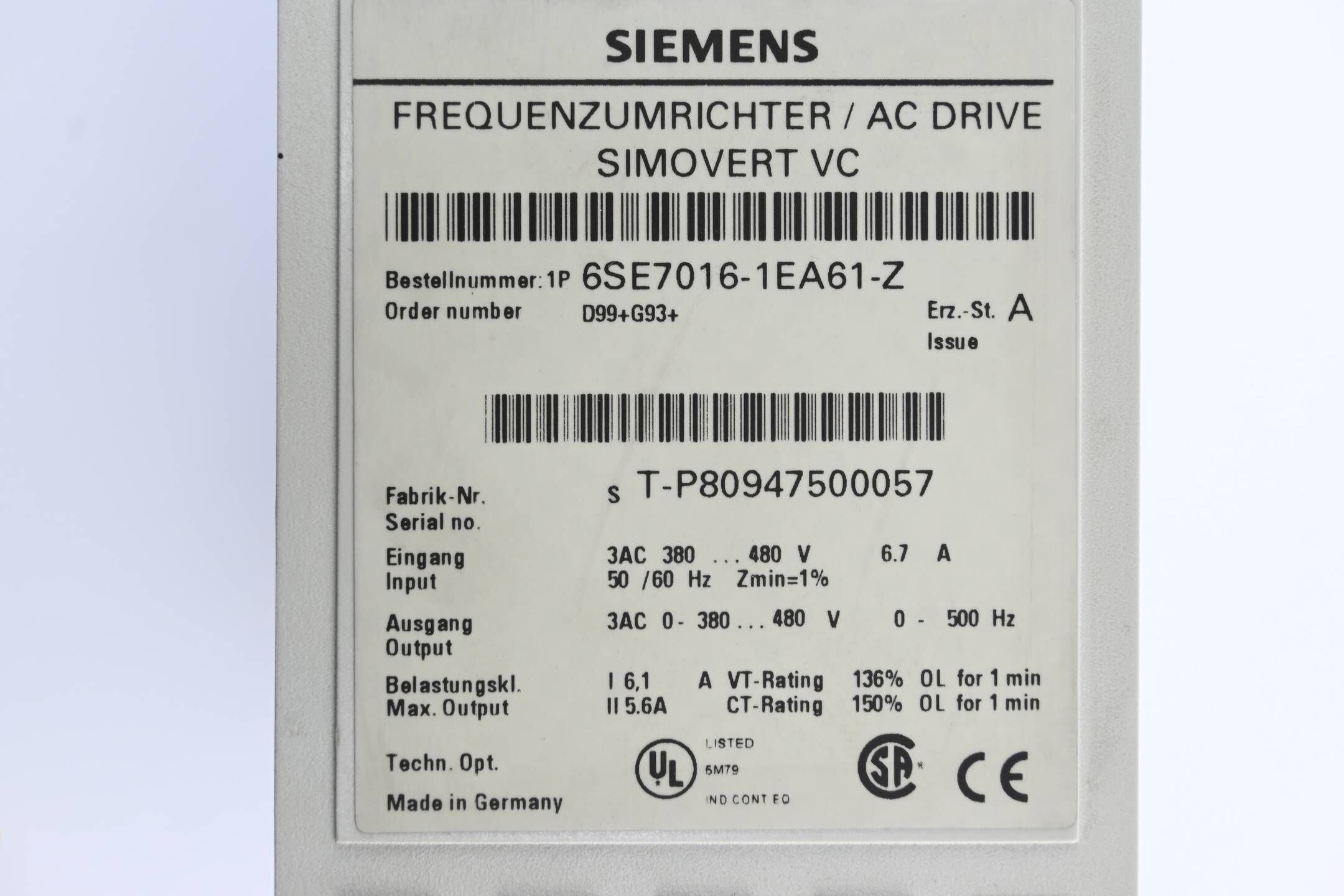 Siemens Simovert Frequenzumrichter 6SE7016-1EA61-Z ( 6SE7 016-1EA61-Z ) D99+G93