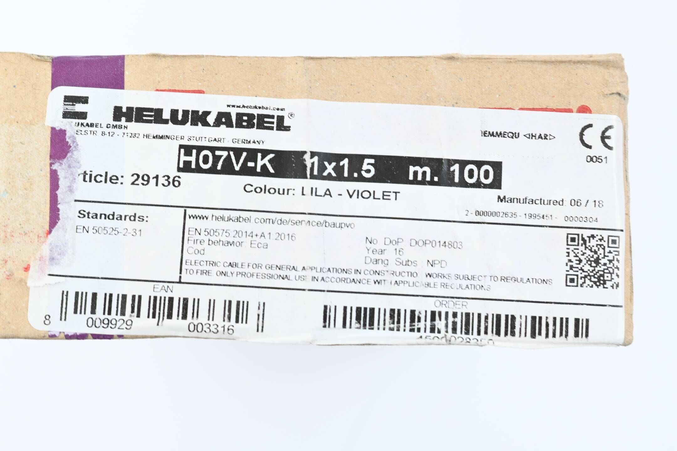 Helukabel Einzelader H07V-K Ring 1x1,5qmm, Lila-Violet ( 29136 ) 100m