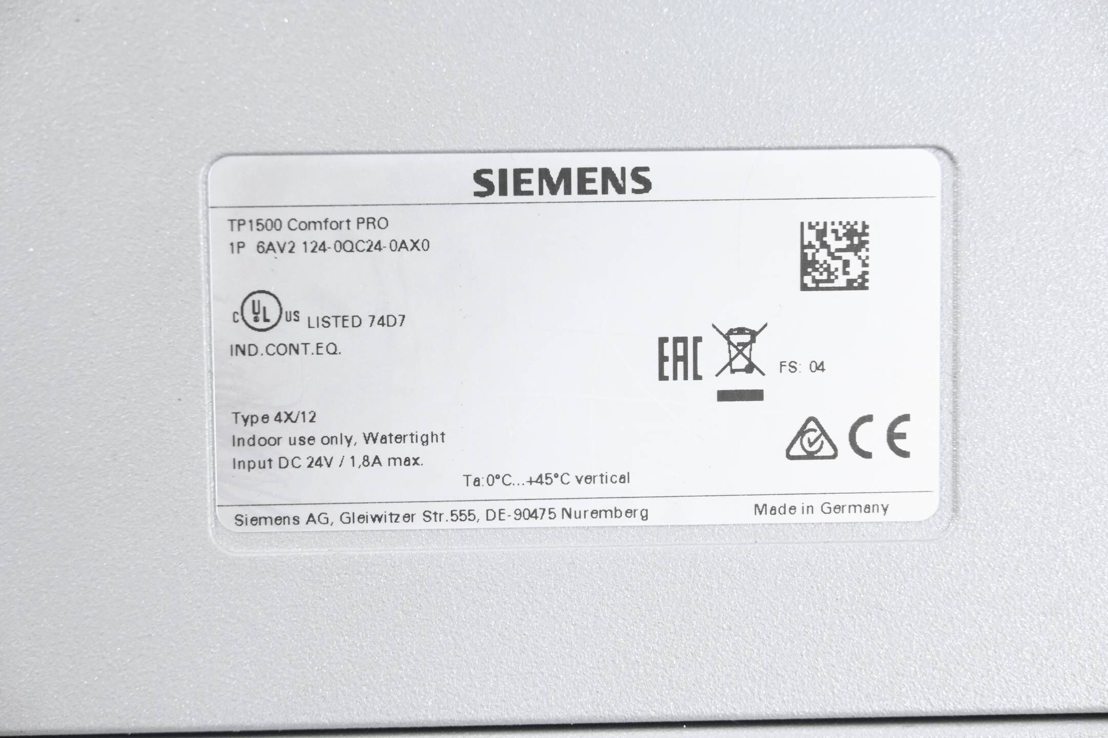 Siemens Simatic HMI TP1500 Comfort Pro 6AV2124-0QC24-0AX0 6AV2 124-0QC24-0AX0 F4