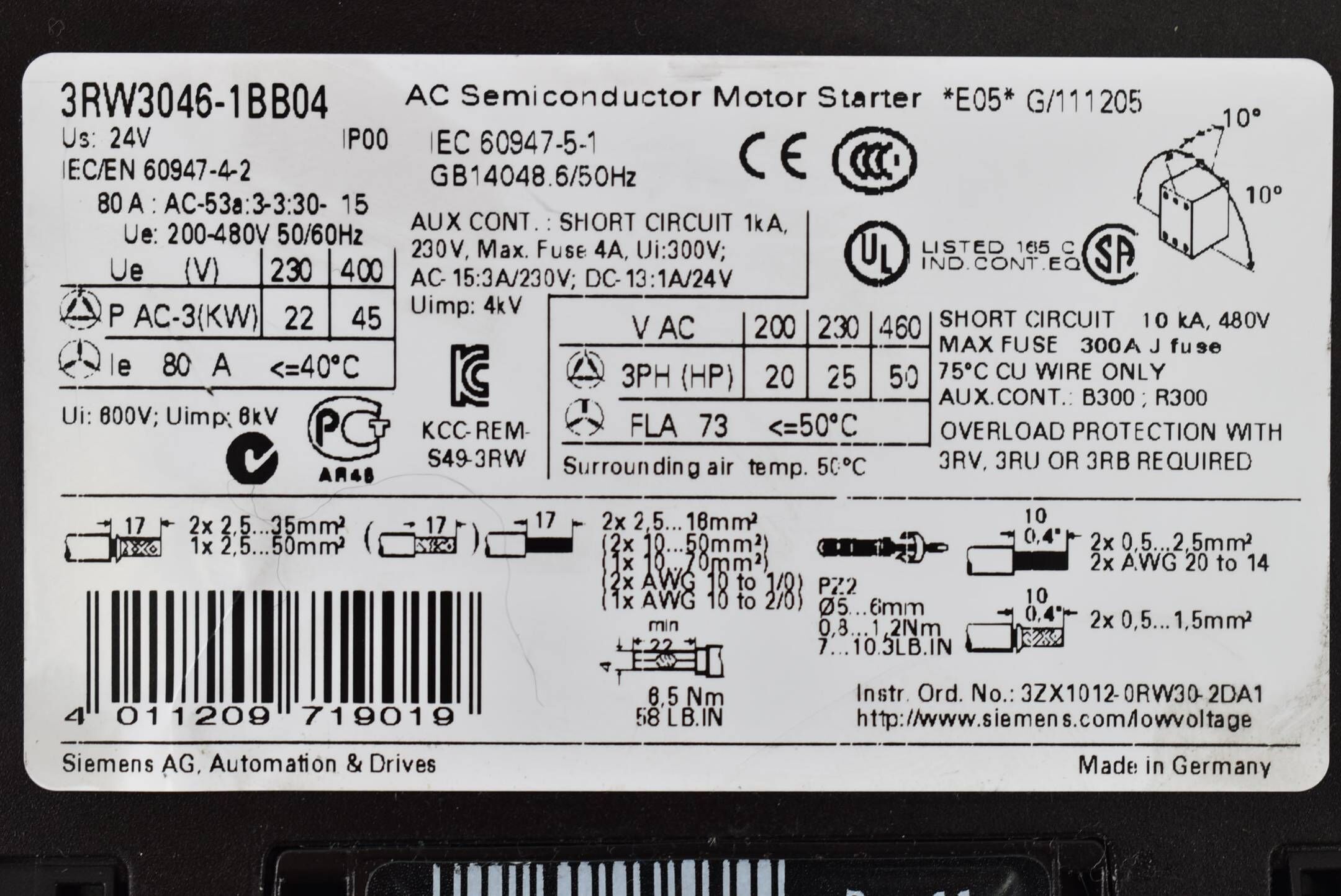 Siemens sirius Sanftstarter S3 45kW/400V 80A 3RW3 046-1BB04 ( 3RW3046-1BB04 ) E5