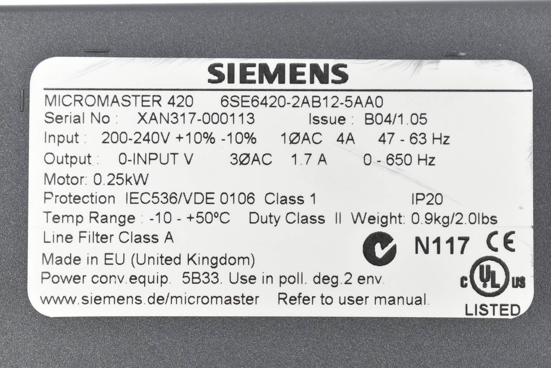 Siemens Micromaster 6SE6420-2AB12-5AA0 + BOP 6SE6400-0BP00-0AA0
