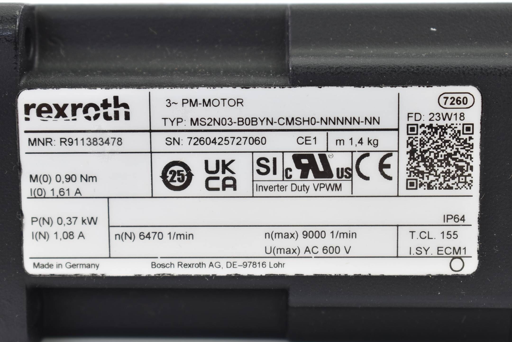 Rexroth Servomotor 0,37kW 9000U/min MS2N03-B0BYN-CMSH0-NNNNN-NN ( R911383478 )