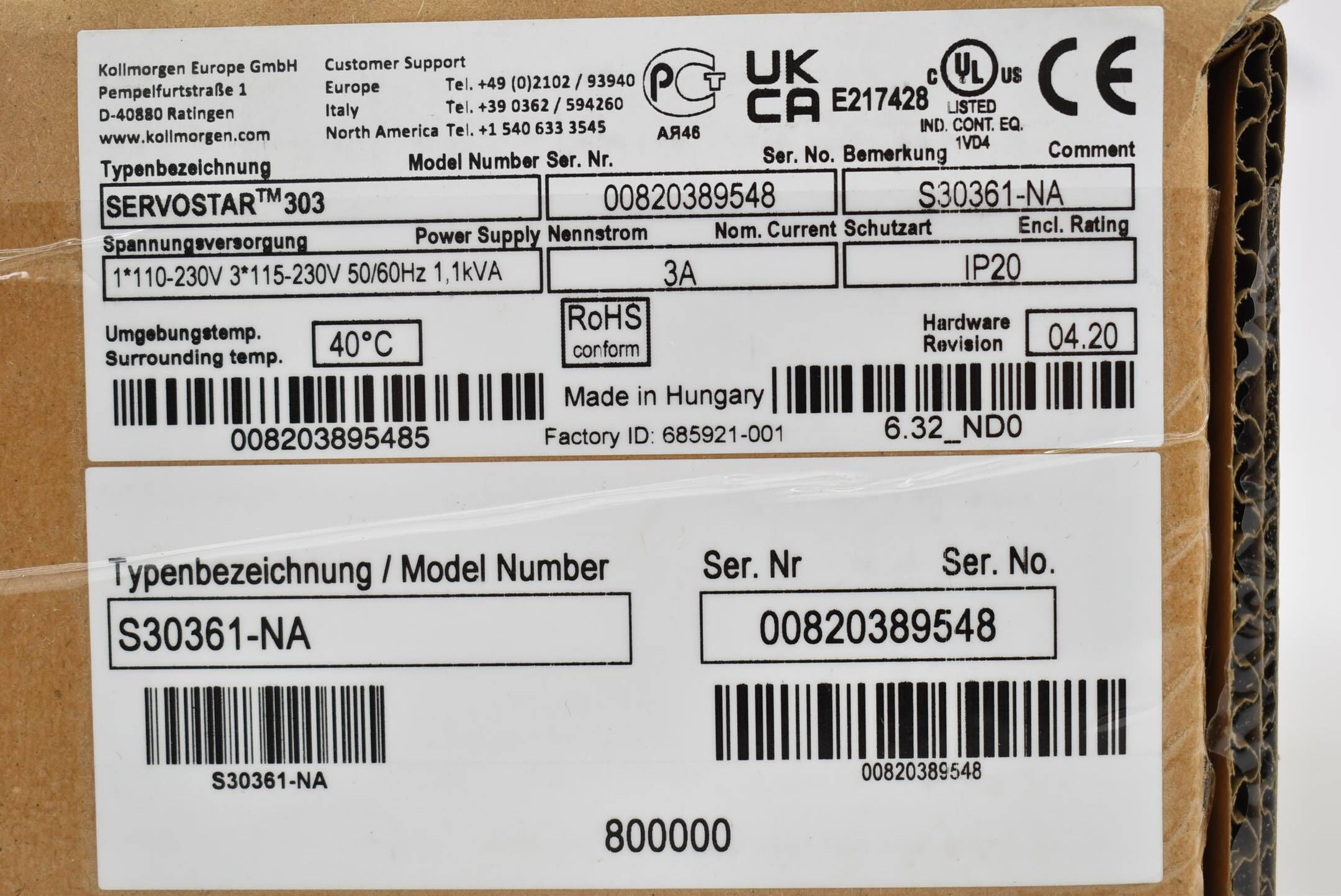 Kollmorgen Servostar 303 1,1kVA 3A Servo Amplifier S30361-NA