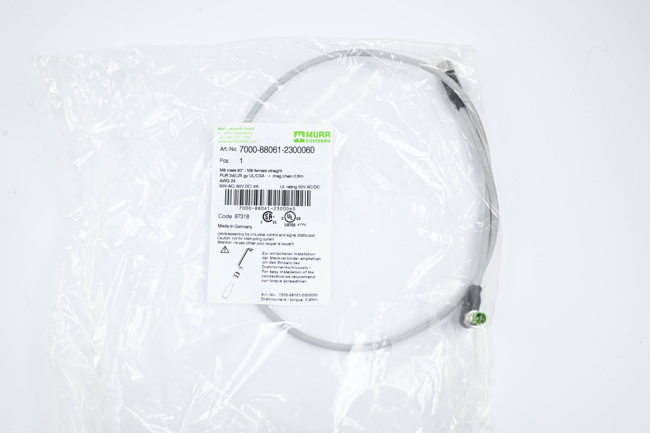 Murr M8 St. 90° PUR 3x0.25 gr UL/CSA+schleppk. 0,6m 7000-88061-2300060