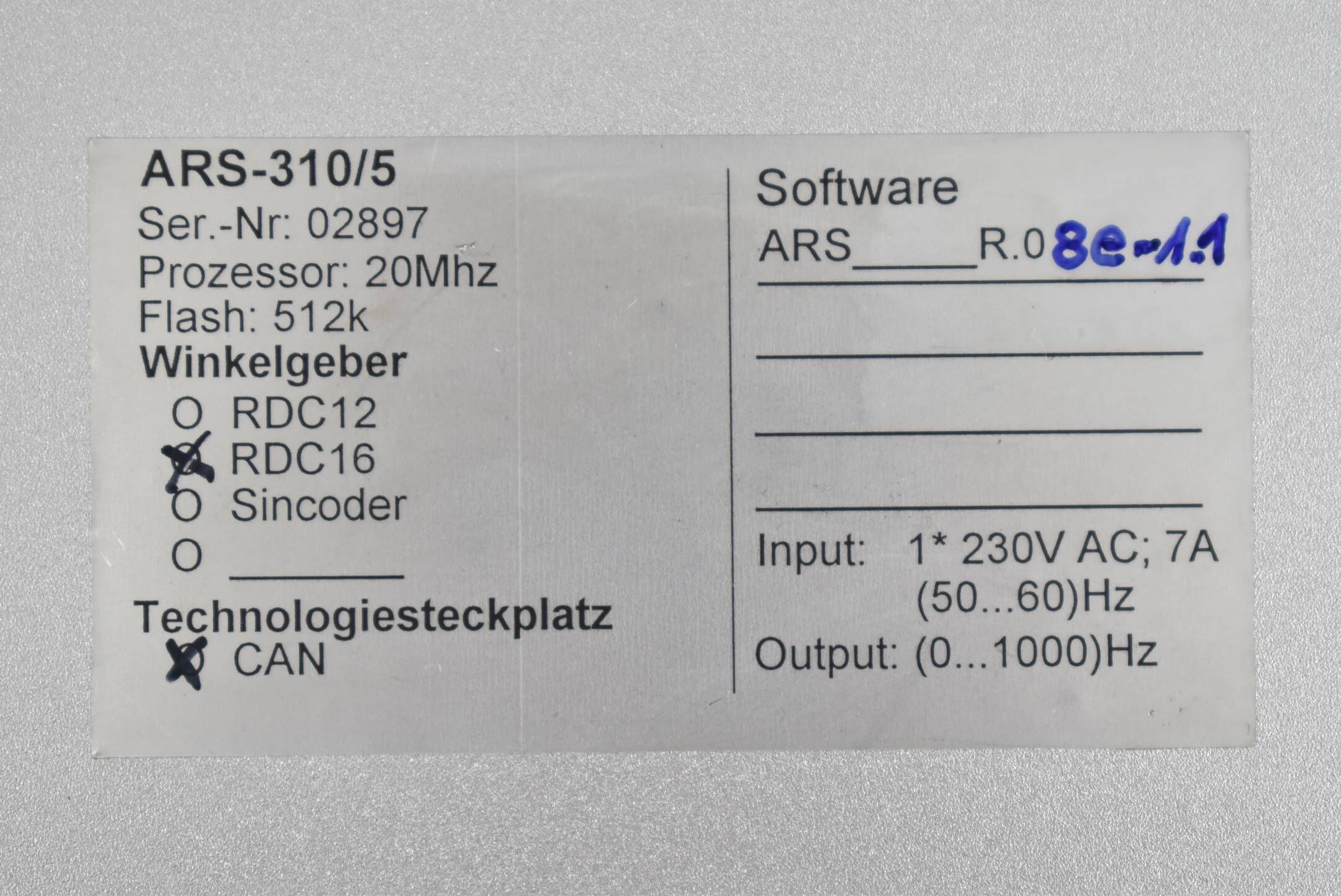 Metronix Servodrive Winkelgeber ARS-310/5 ( Software ARS_R.08e-1.1 ) RDC16