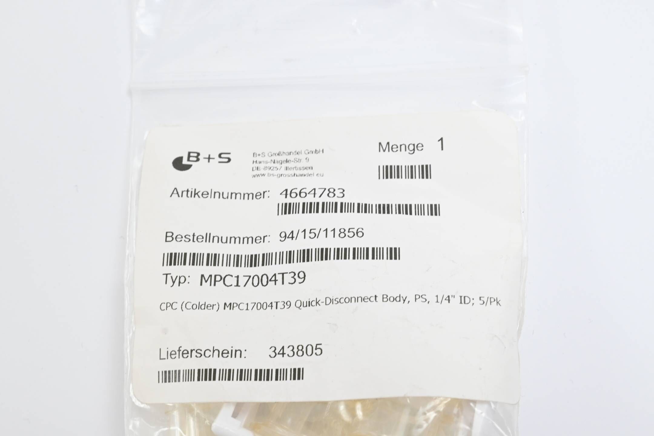 CPC Schlauchanschlussstück, Inline-Kupplungskörper ohne Ventil MPC17004T39 5 STK