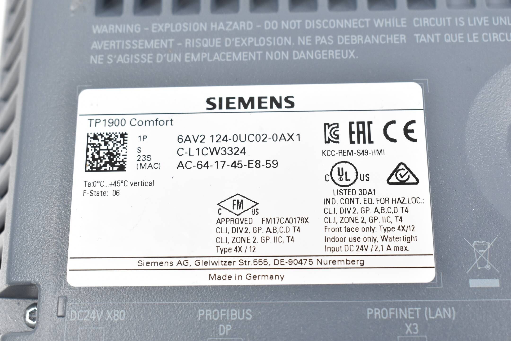 Siemens Simatic HMI TP1900 Comf. 6AV2124-0UC02-0AX1 ( 6AV2 124-0UC02-0AX1 ) E06