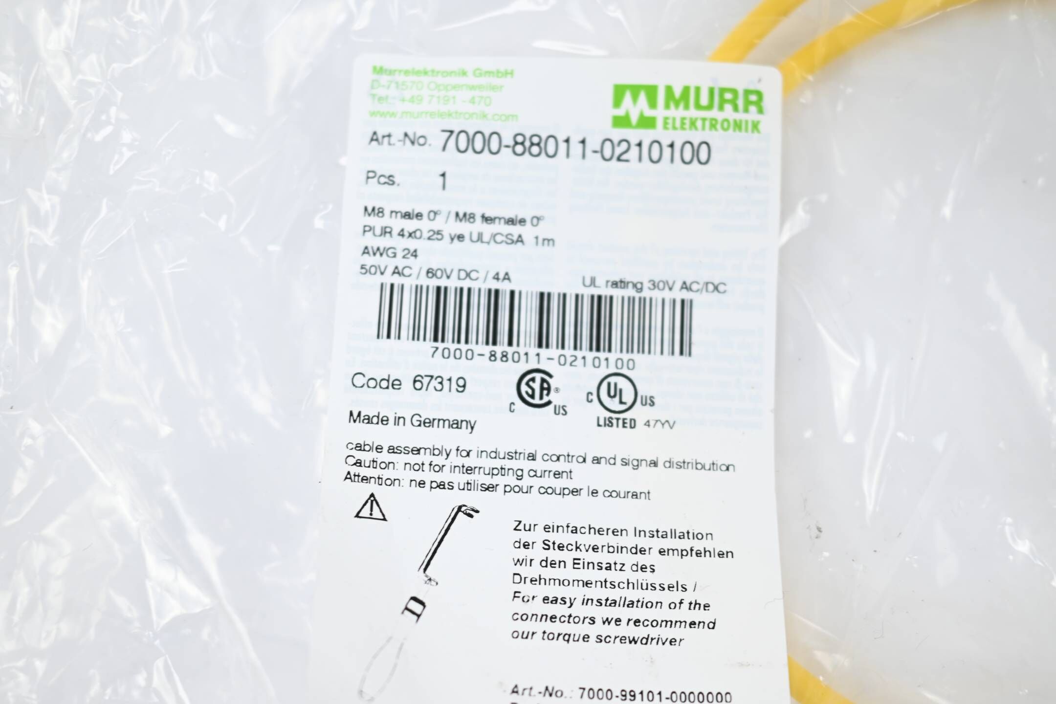 Murr M8 St. 0° / M8 Bu. 0° A-kod. PUR 4x0.25 ge UL/CSA 1m ( 7000-88011-0210100 )