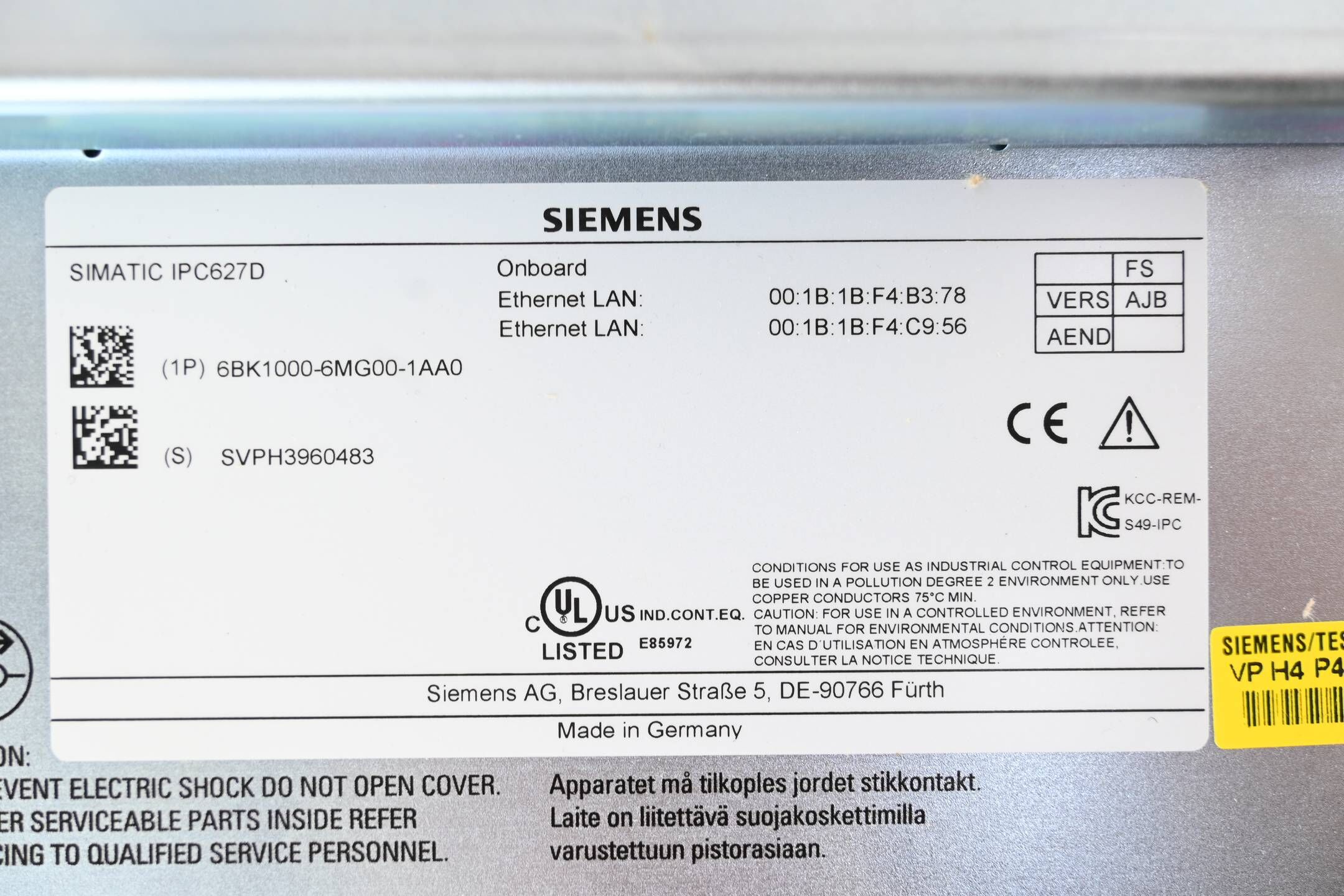 Siemens Simatic IPC627D 6BK1000-6MG00-1AA0 ( 6BK1 000-6MG00-1AA0 ) Ver. AJB