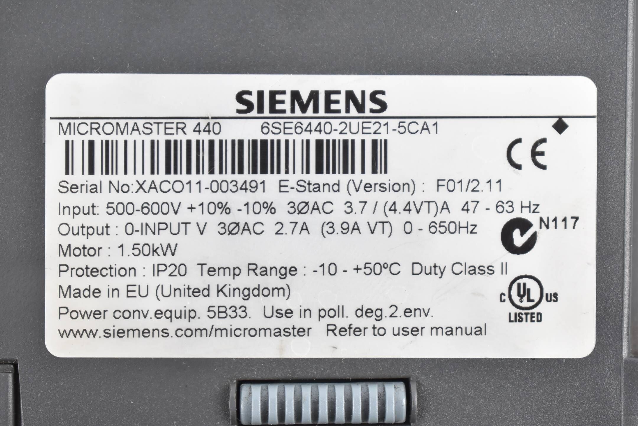Siemens Micromaster 440 6SE6440-2UE21-5CA1 ( 6SE6 440-2UE21-5CA1 ) E.F01/2.11