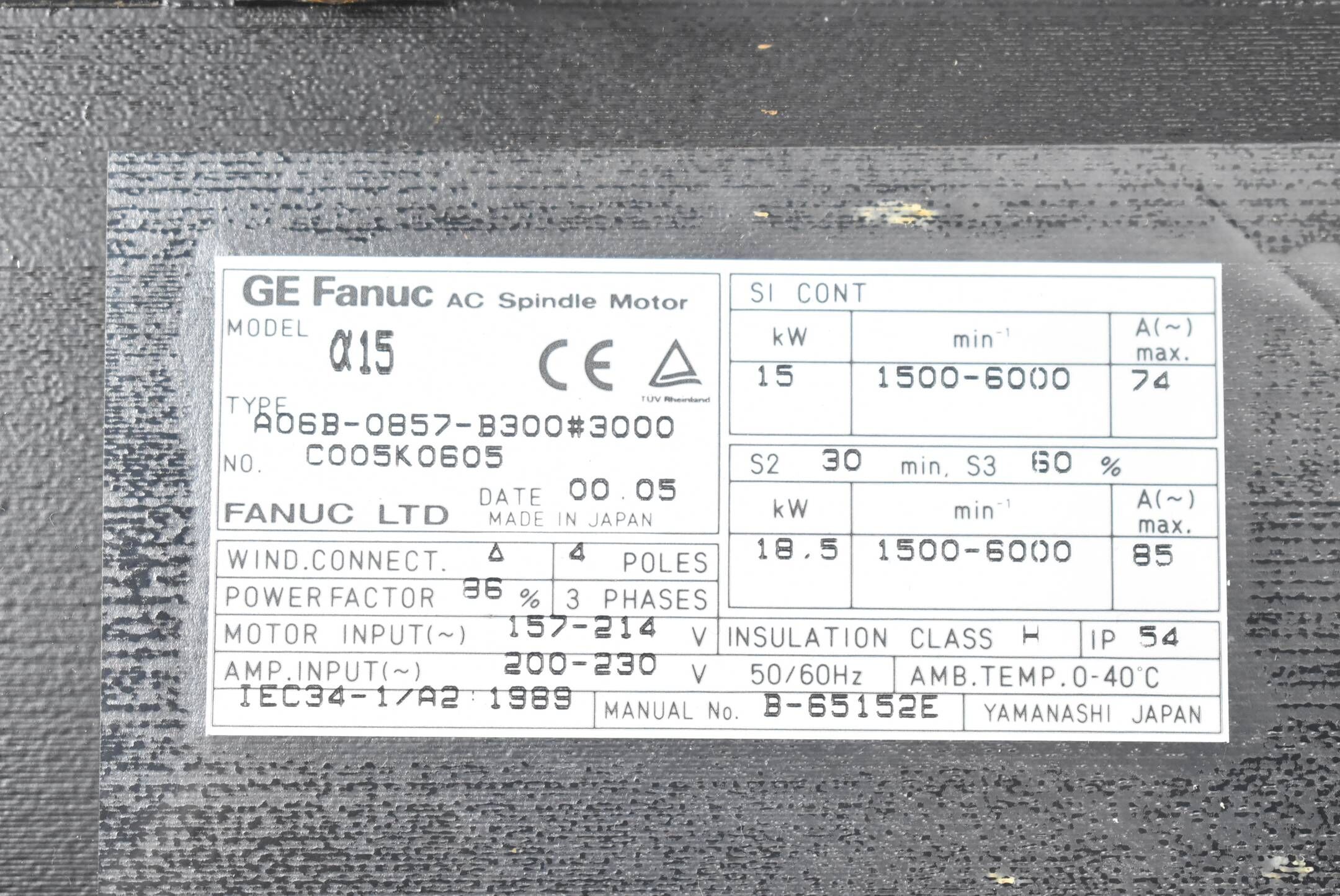 Fanuc AC Spindle Motor a15 A06B-0857-B300#3000 