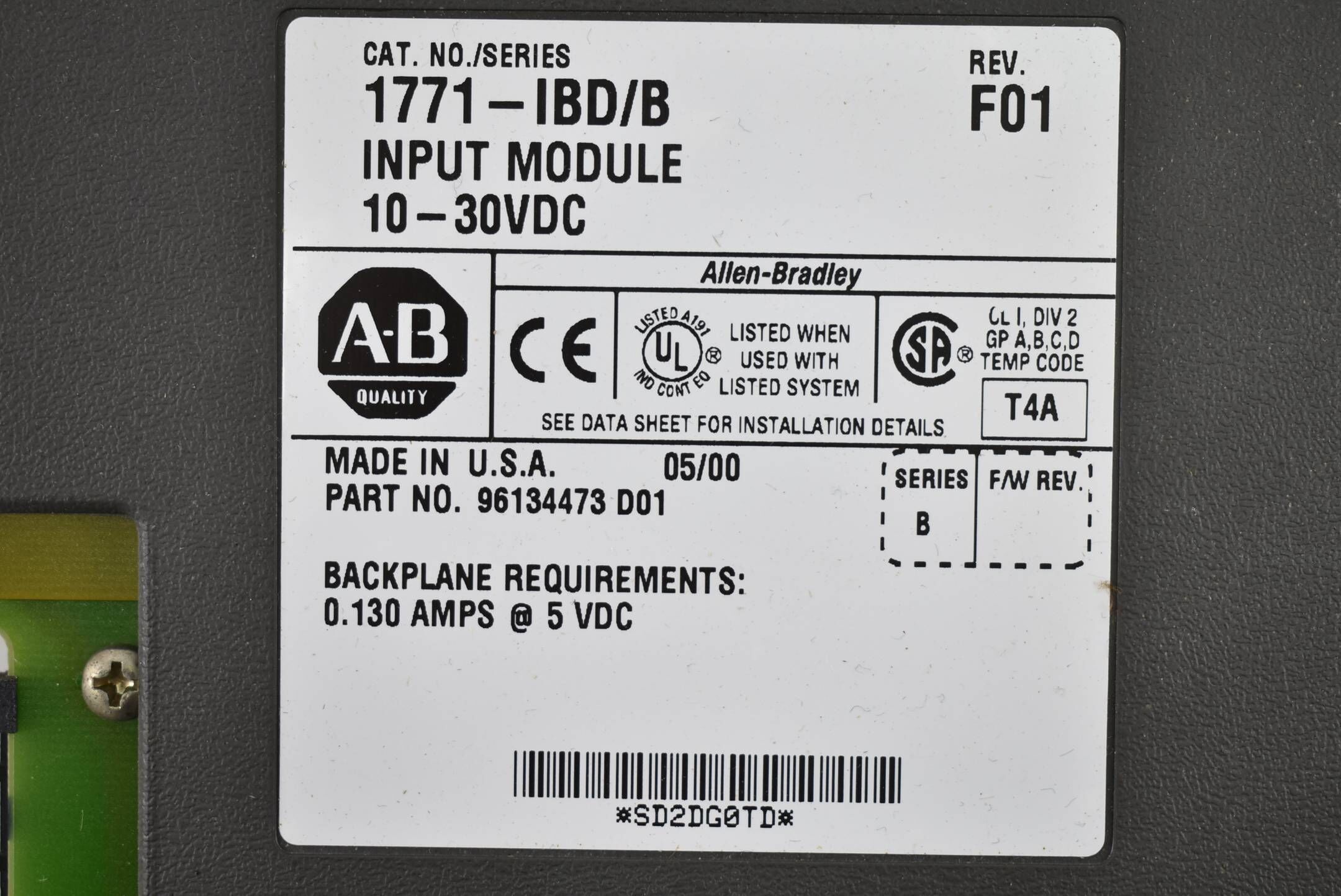 Allen-Bradley Rockwell Automation input module 10-30 VDC 1771-IBD/B
