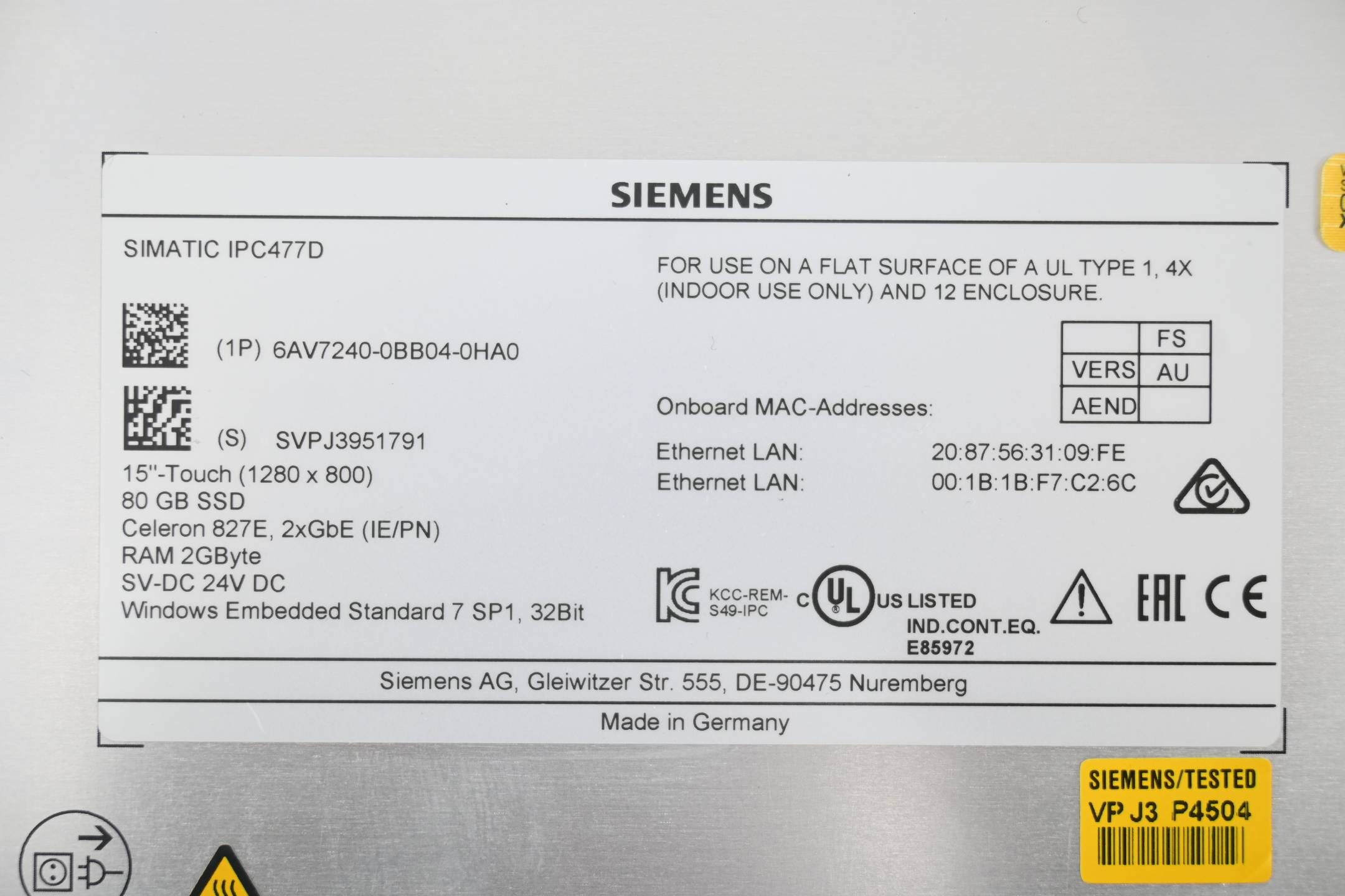 Siemens Simatic IPC 477D 6AV7240-0BB04-0HA0 ( 6AV7 240-0BB04-0HA0 ) Vers. AU
