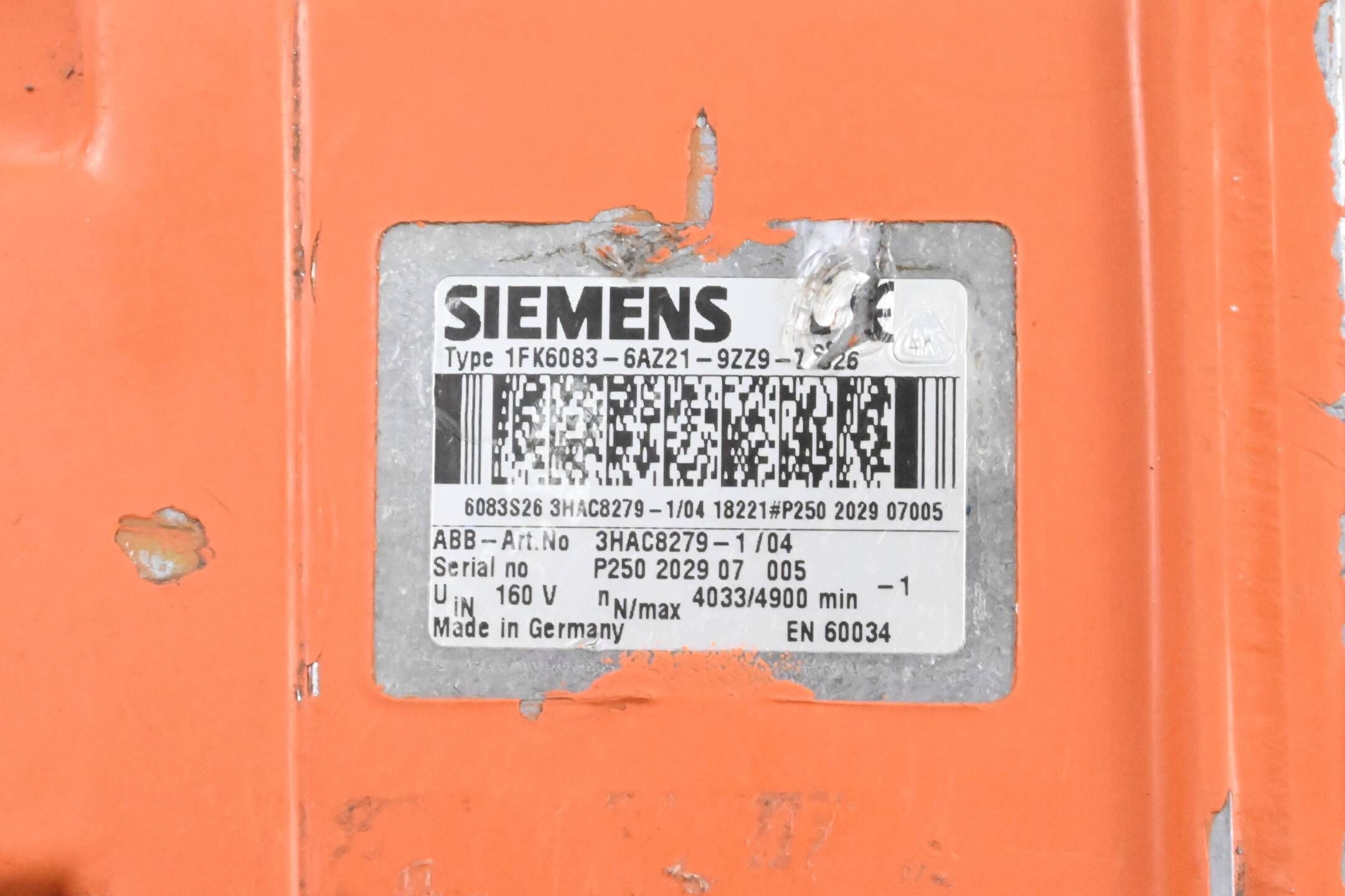 Siemens ABB Robotics AC Servomotor 1FK6083-6AZ21-9ZZ9-Z ( 3HAC8279-1/04 ) Z= S26