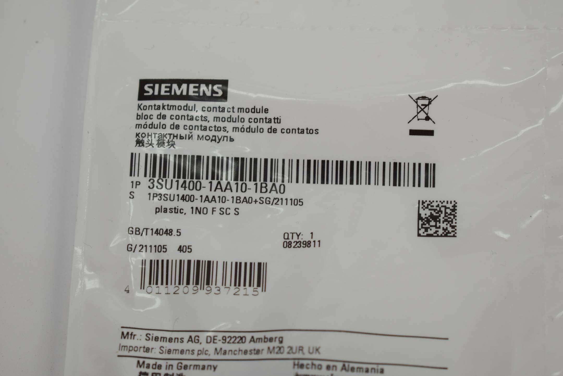 Siemens Kontaktmodul 3SU1400-1AA10-1BA0 ( 3SU1 400-1AA10-1BA0 )