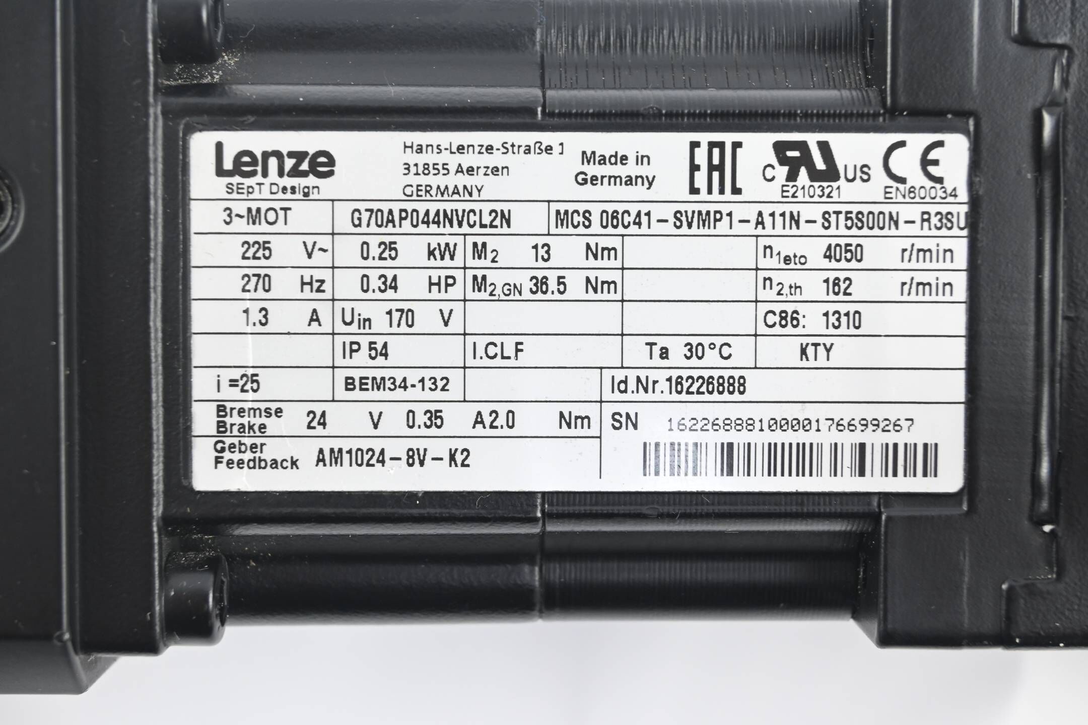Lenze 3~ Motor MCS 06C41-SVMP1-A11N-ST5S00N-R3SU inkl. Getriebe G70AP044NVCL2N