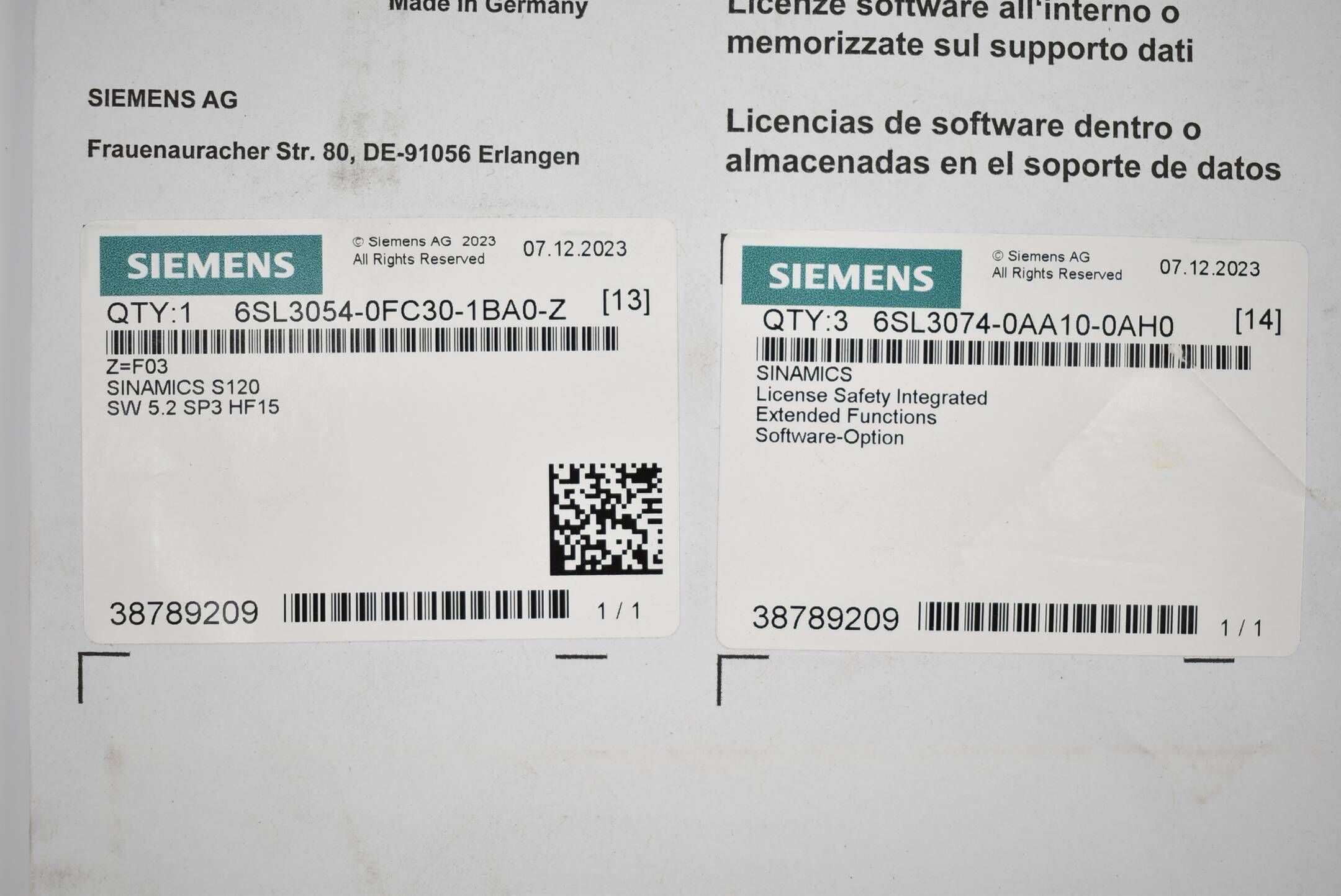 Siemens Sinamics S120 CF Card 6SL3054-0FC30-1BA0-Z + Lizenz 6SL3074-0AA10-0AH0