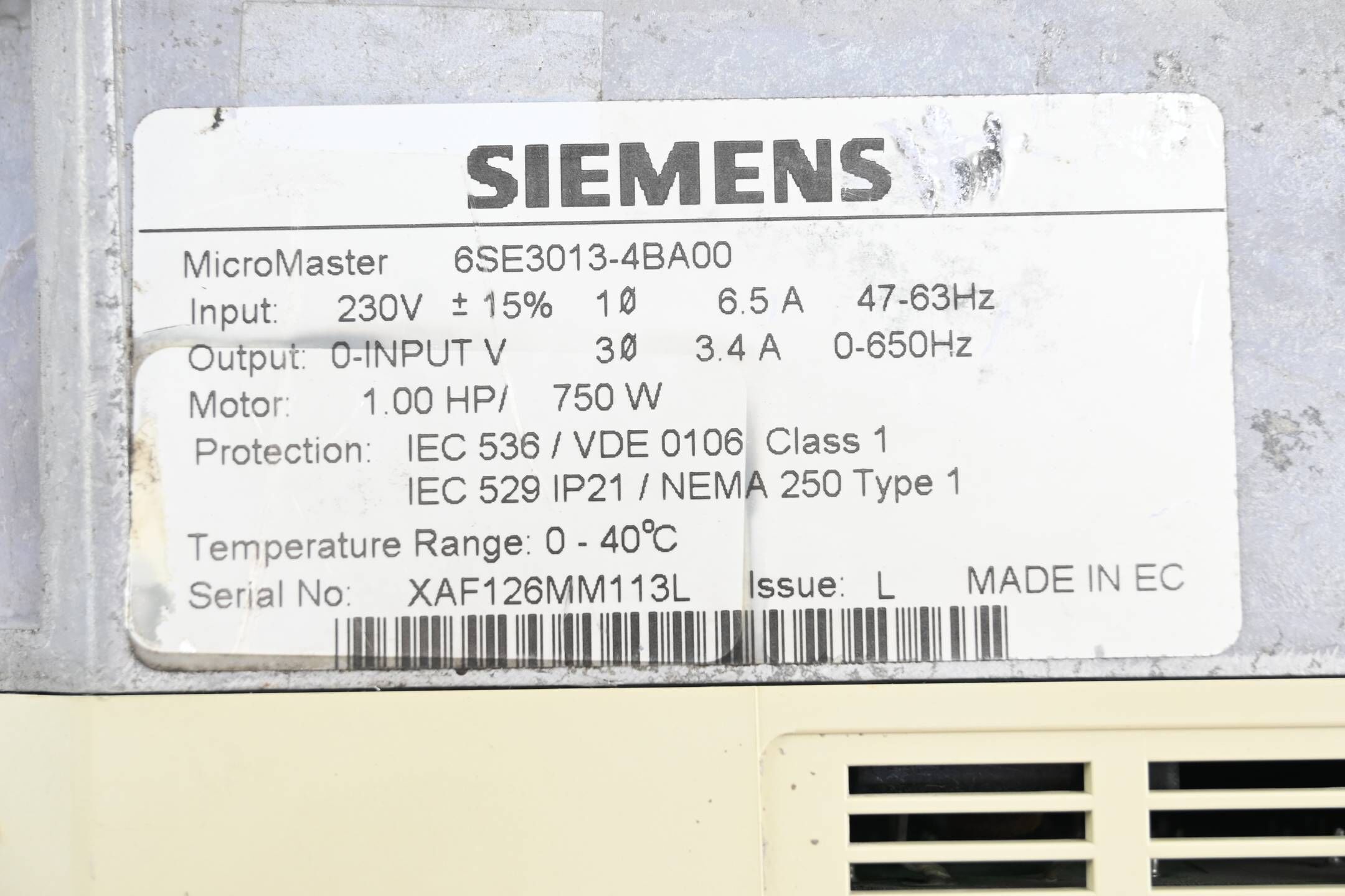 Siemens Simovert P Micromaster 6SE3013-4BA00 ( 6SE3 013-4BA00 )