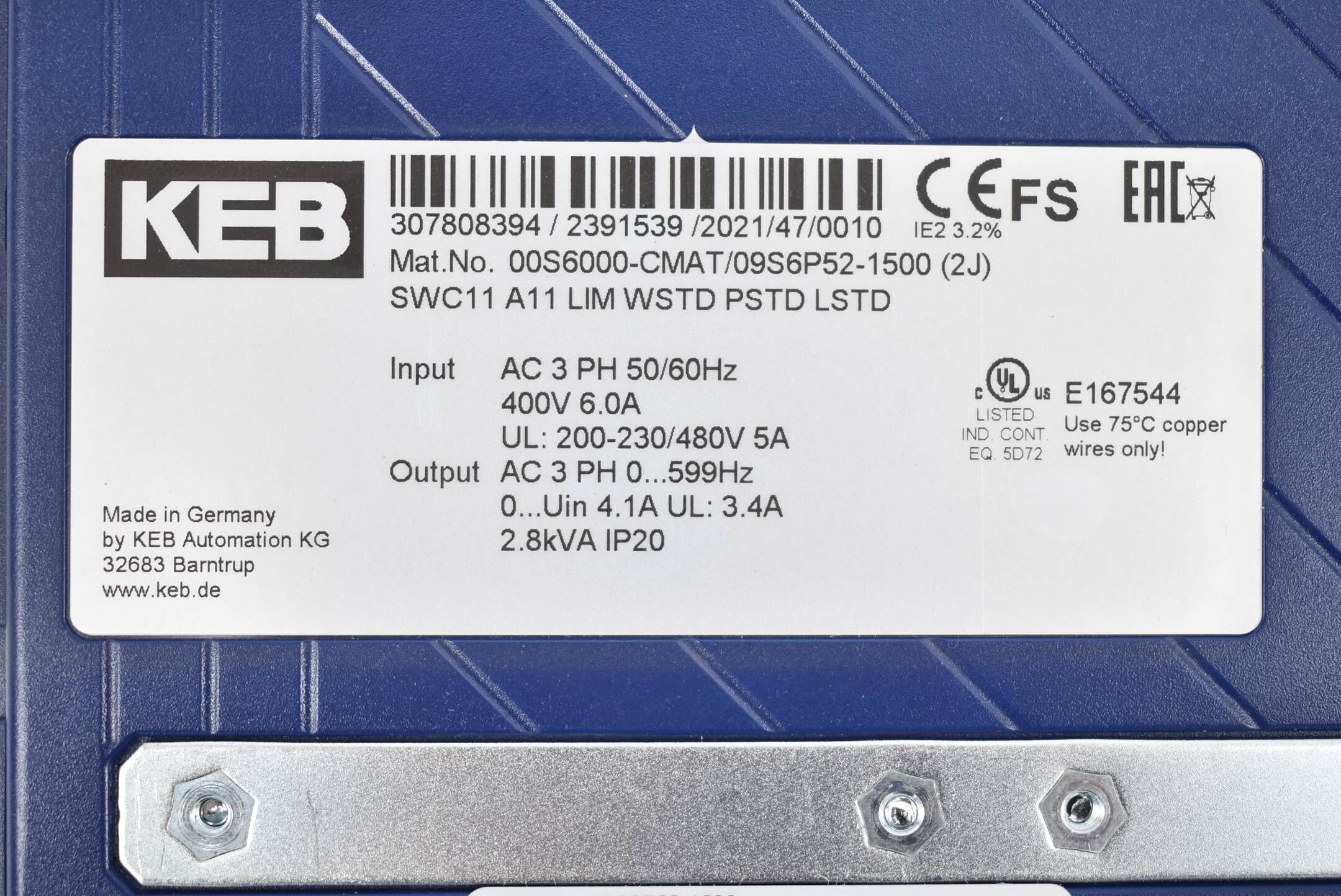 KEB Combivert S6 Servo Drive 00S6000-CMAT/09S6P52-1500 (2J)