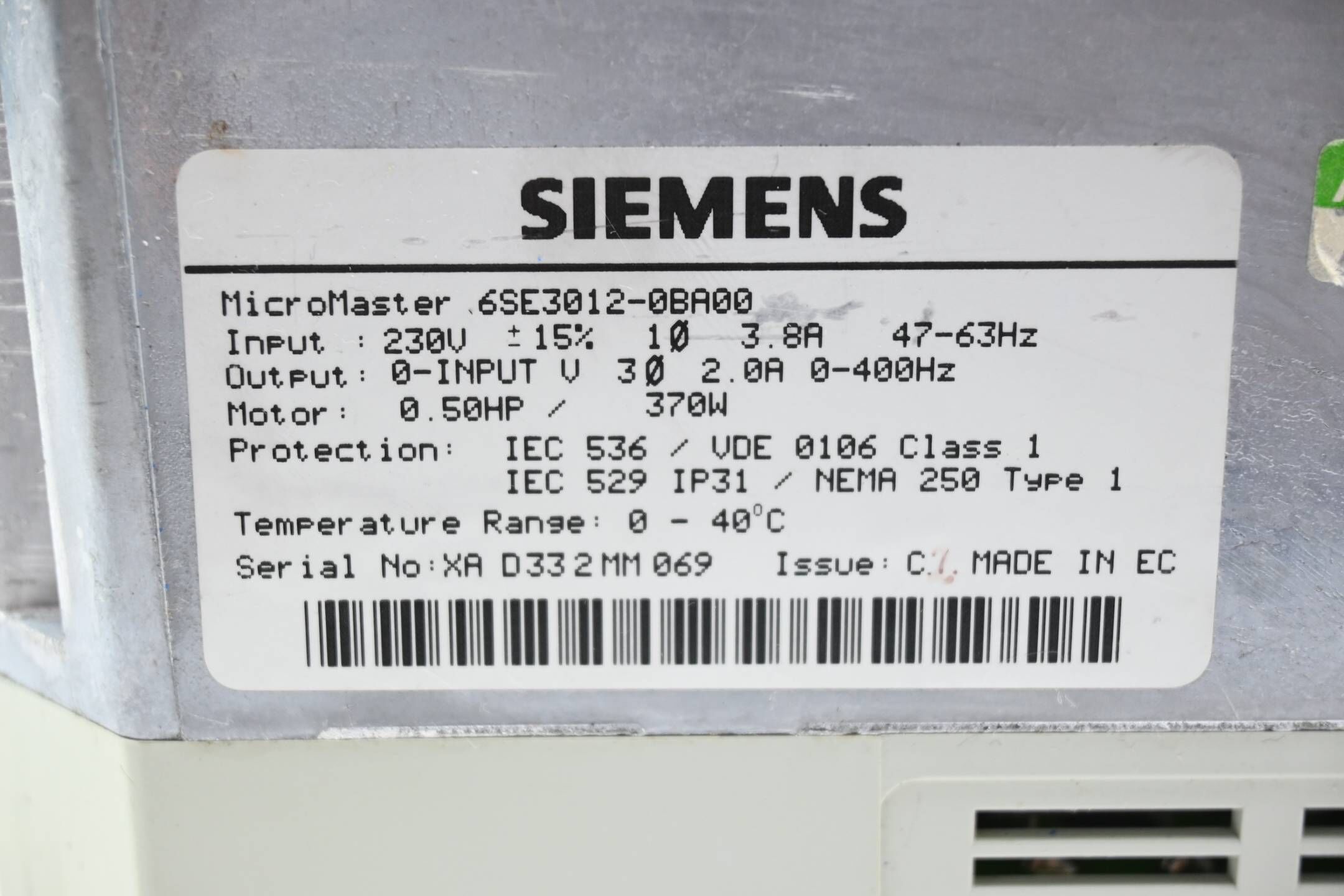 Siemens Simovert Micromaster 6SE3012-0BA00 ( 6SE3 012-0BA00 )