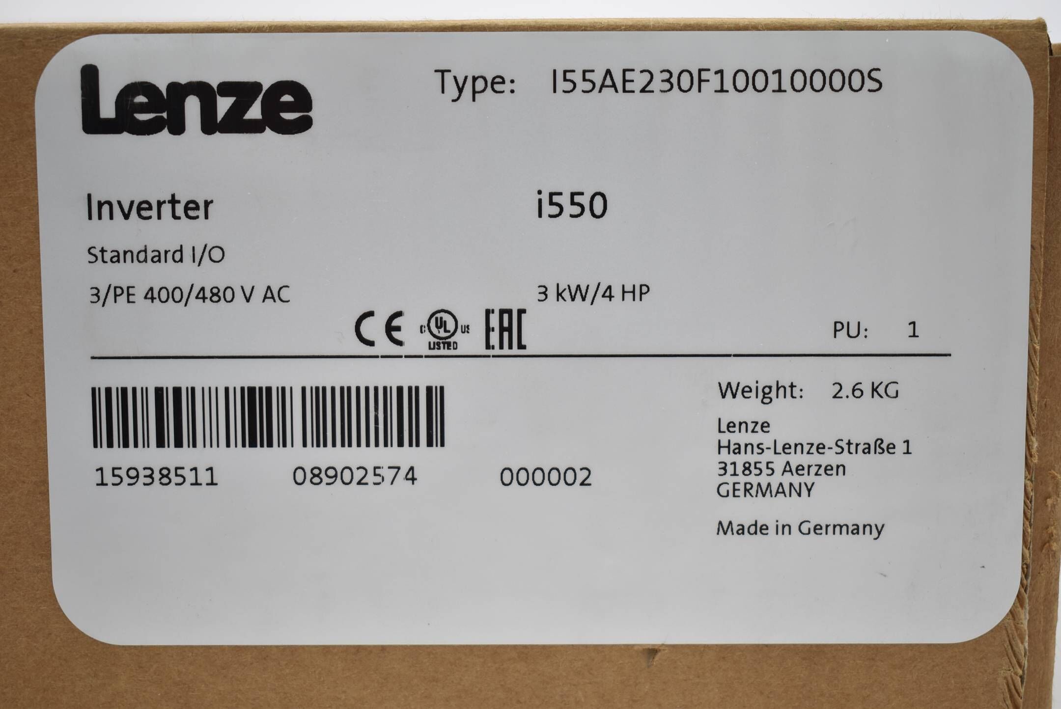 Lenze Inverter Standart I/O 3/PE 400/480 V AC i550 I55AE230F10010000S