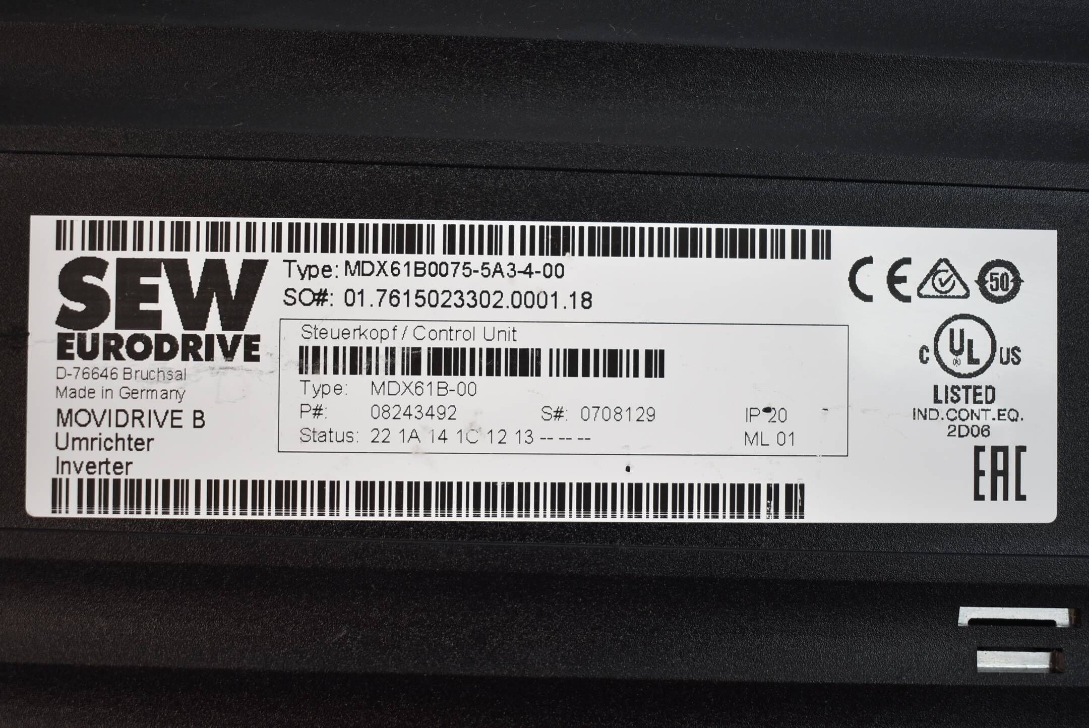 SEW eurodrive MovidriveB Umrichter MDX61B0075-5A3-4-00 inkl. MDX60A0074-5A3-4-00