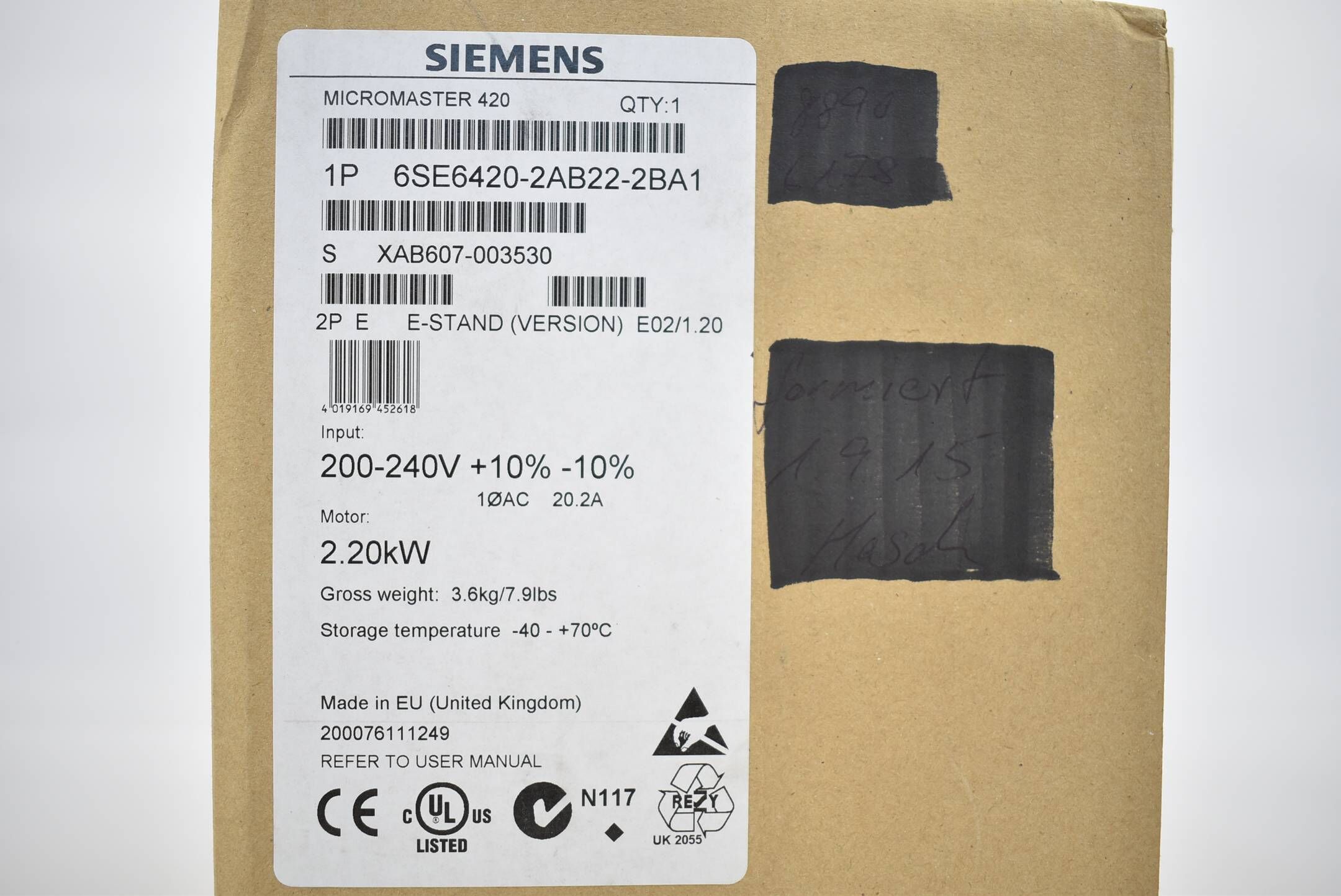 Siemens micromaster 420 Umrichter 6SE6420-2AB22-2BA1 ( 6SE6 420-2AB22-2BA1 ) D02