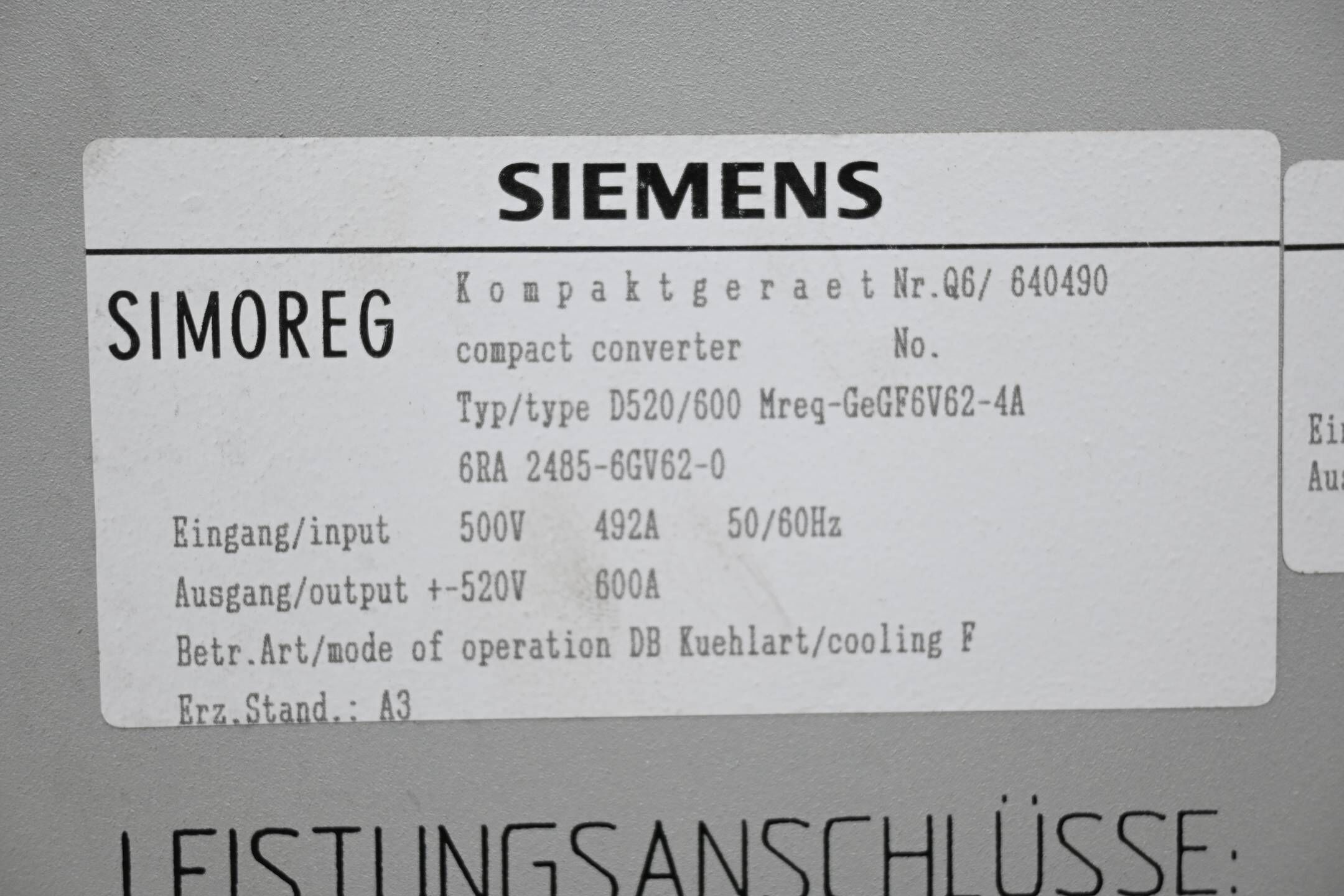 Siemens Simoreg Stromrichtergerät 6RA2485-6GV62-0 ( 6RA2 485-6GV62-0 ) E. A3