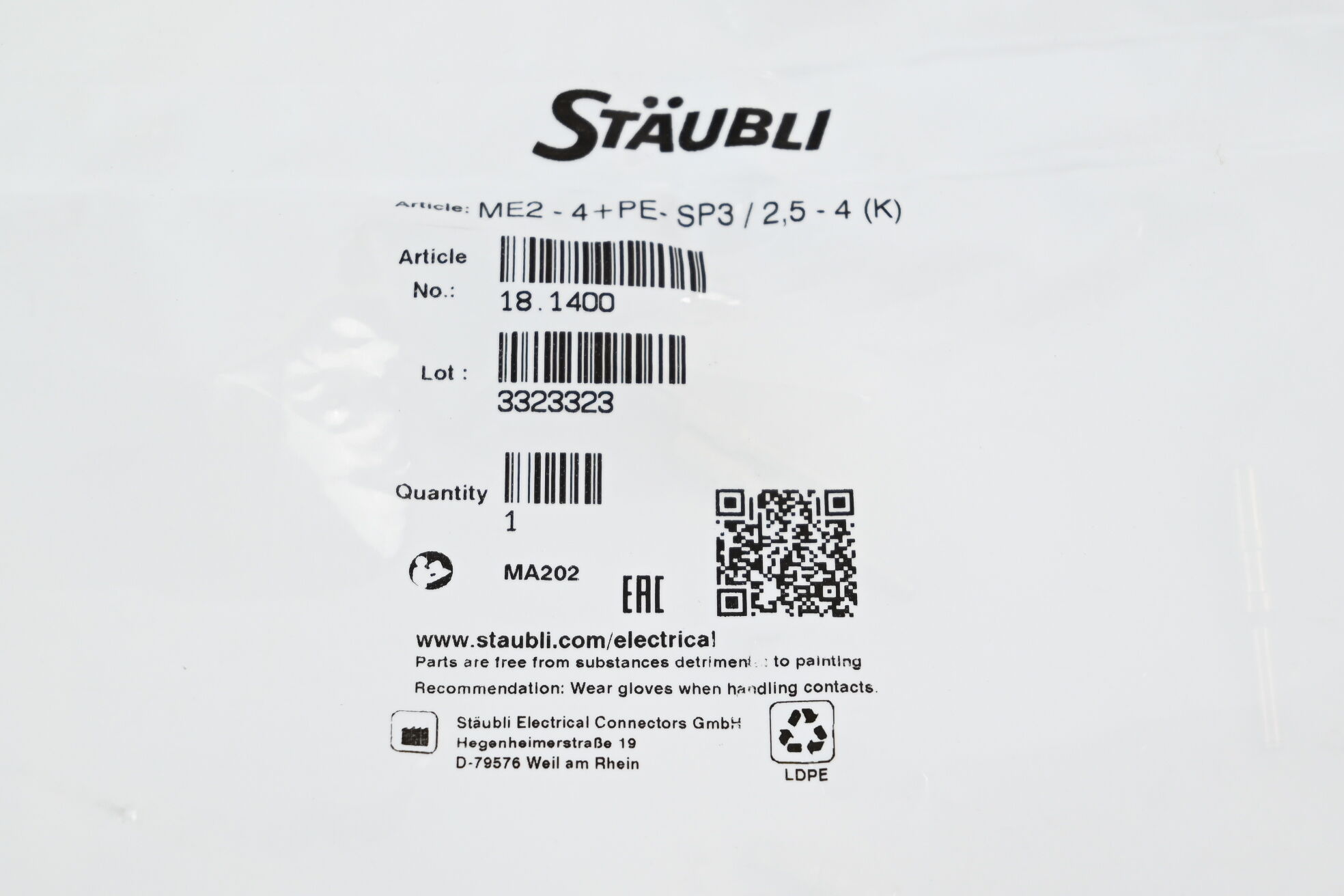 Stäubli Steckverbinder f. Multikupplungen 18.1400 ME2-4 PE-SP3/2,5-4 (K)