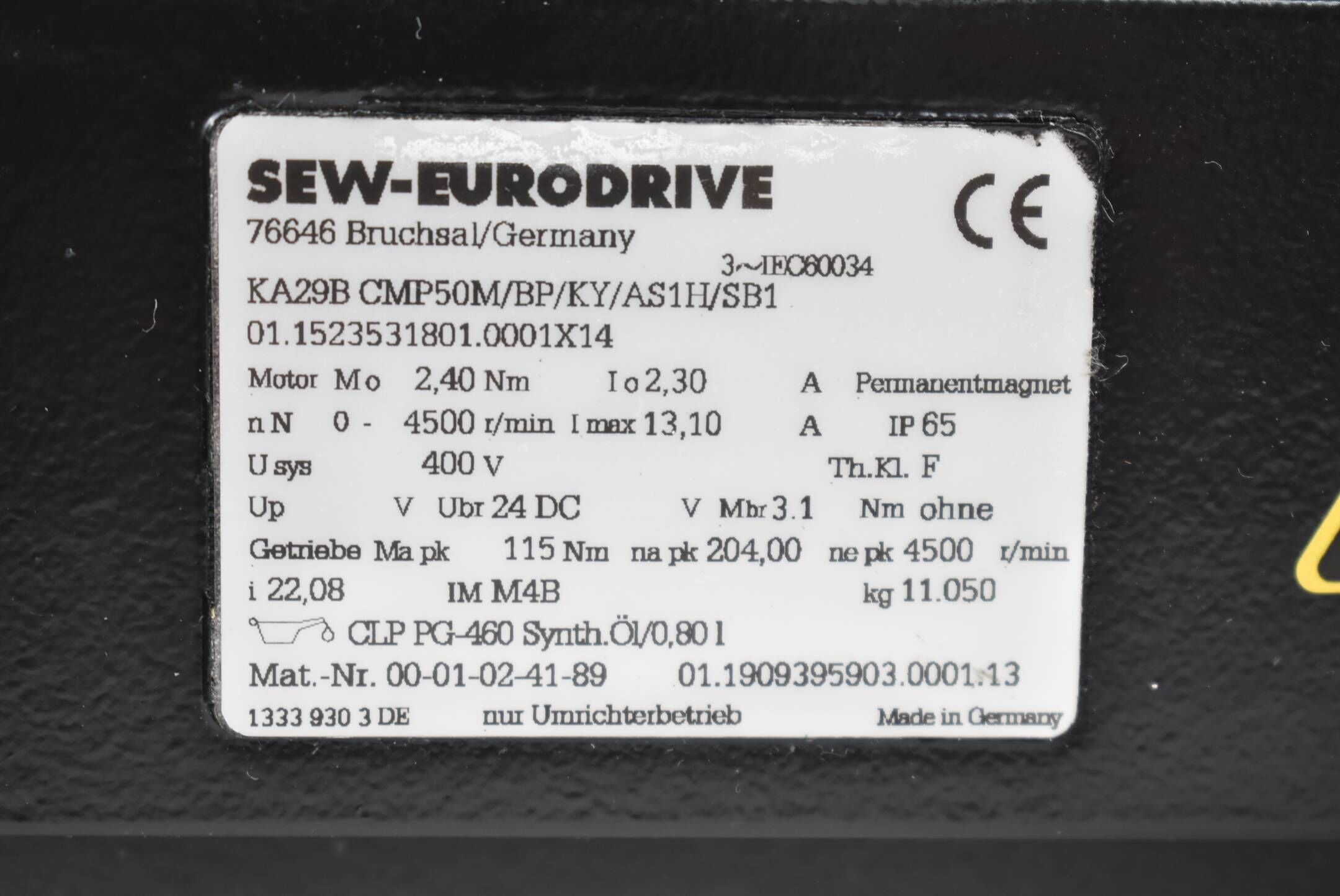 SEW Servomotor 2,4Nm 2,3A 4500rpm 400V K29B CMP50M/BP/KY/AS1H/SB1