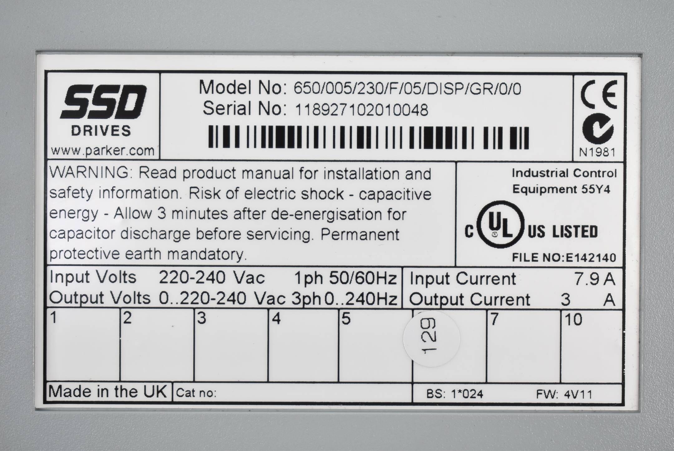 Parker SSD Drives Frequenzumrichter 650/005/230/F/05/DISP/GR/0/0