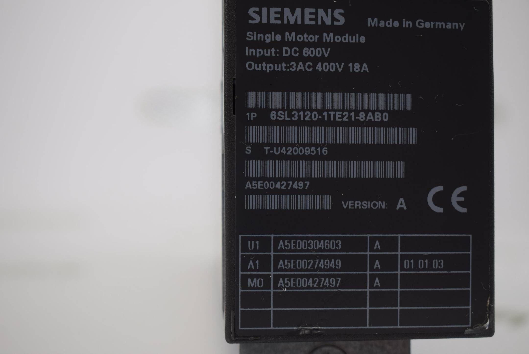 Siemens sinamics Single Motor Module 6SL3120-1TE21-8AB0 ( 6SL3 120-1TE21-8AB0 ) Ver A