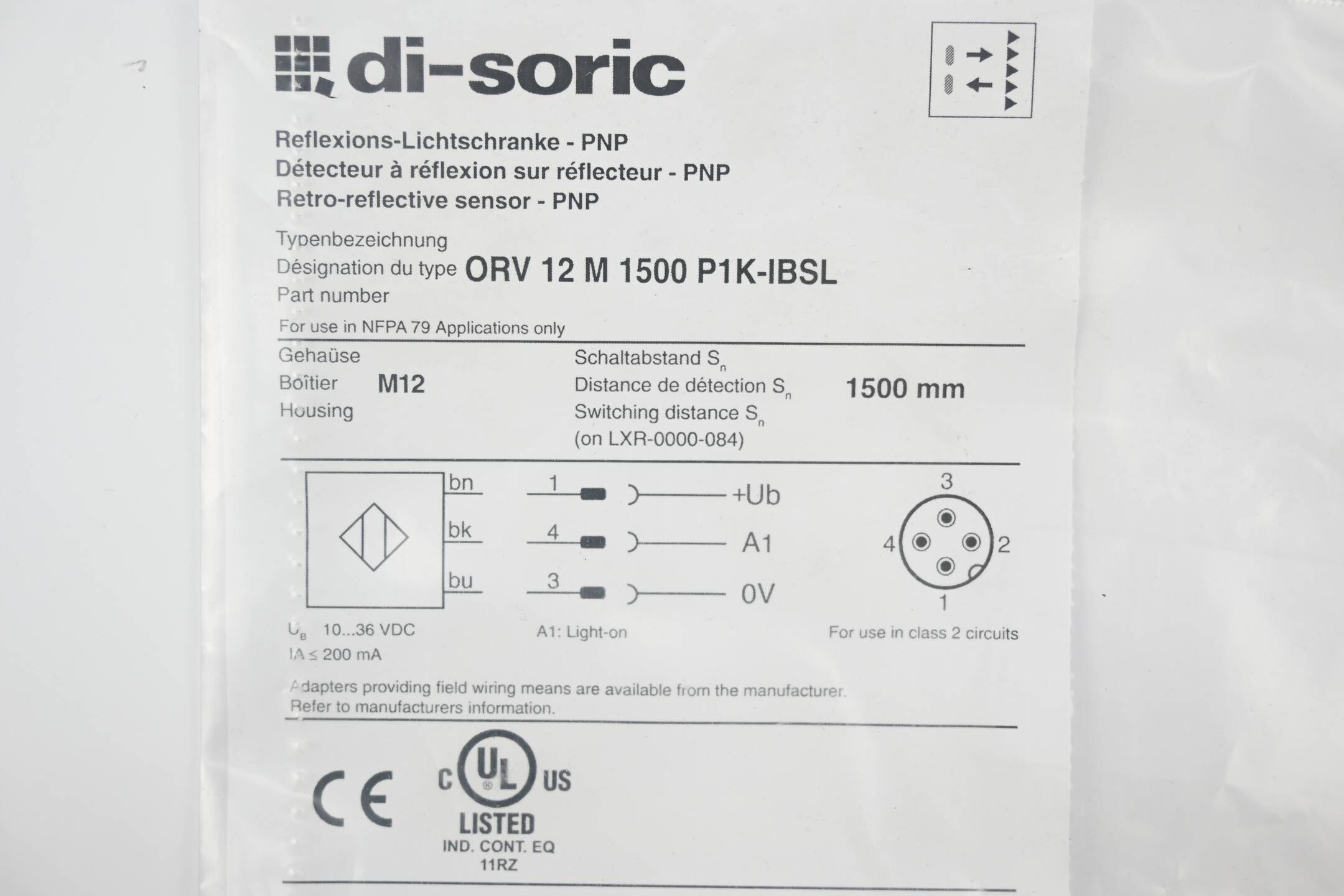 Di-soric Reflexions-Lichtschranke ORV 12 M 1500 P1K-IBSL ( ORV12M1500P1K-IBS )