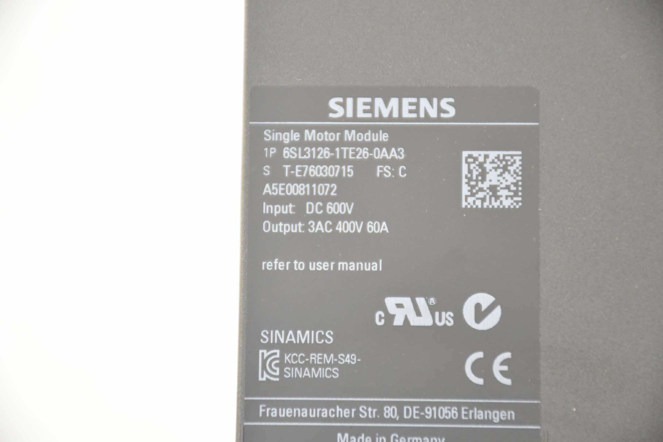 Siemens Sinamics S120 6SL3126-1TE26-0AA3 ( 6SL3 126-1TE26-0AA3 ) E. C