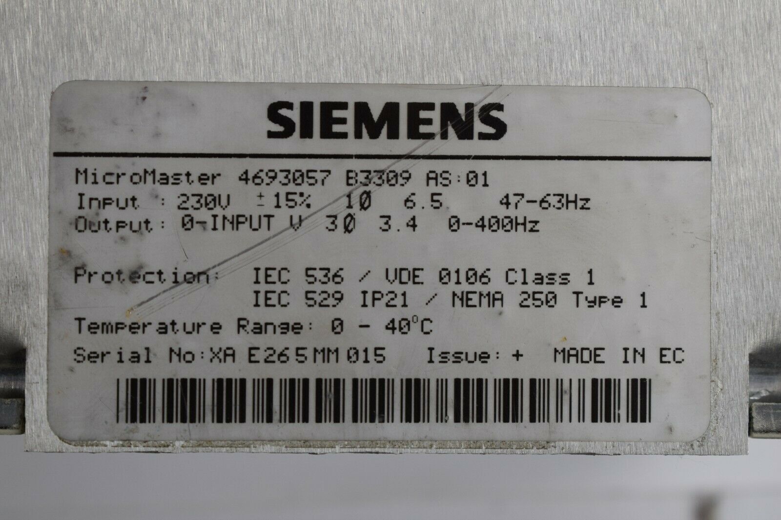 Siemens MicroMaster 4693057 B3309 AS:01