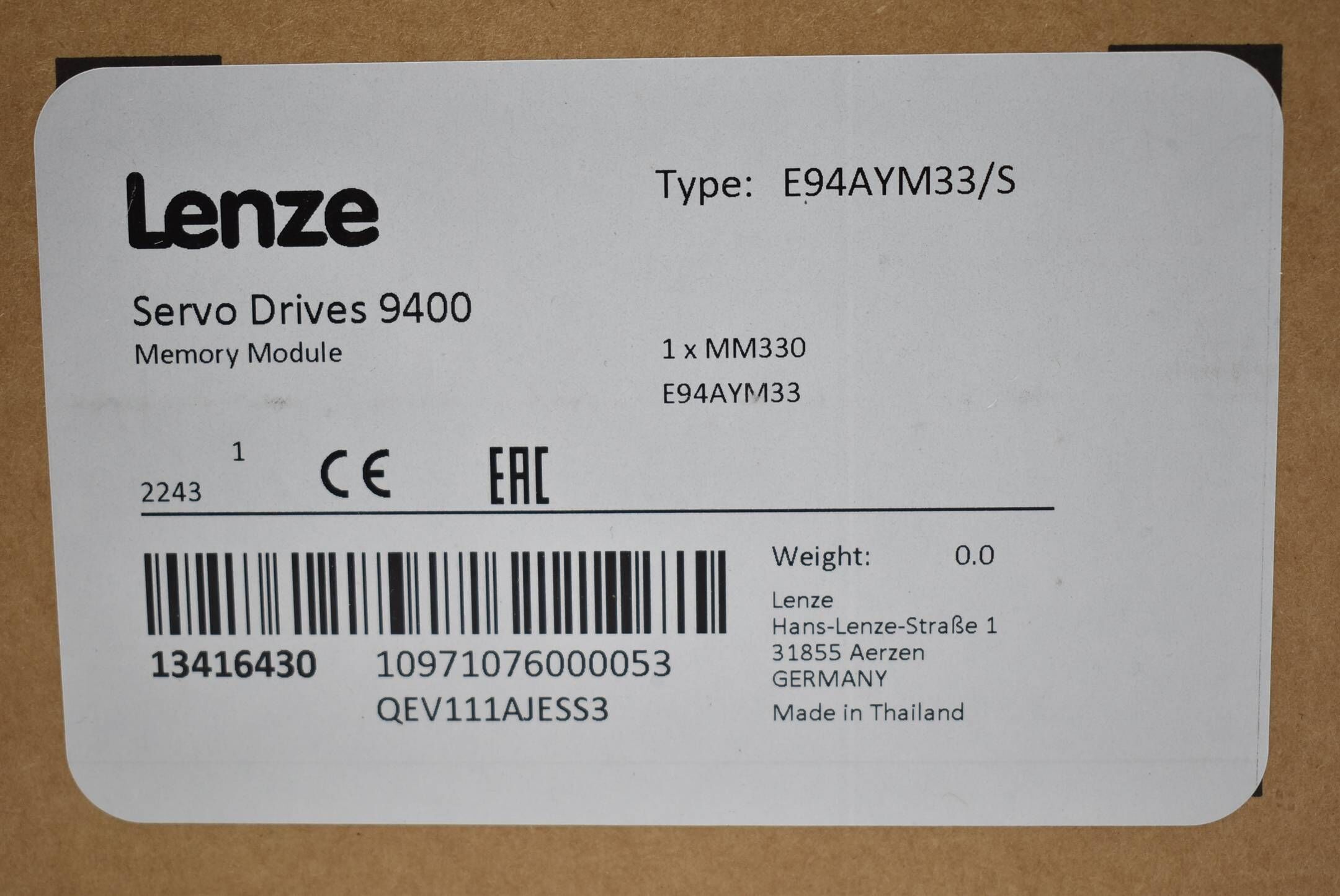 Lenze Servo Drives 9400 Memory Module E94AYM33/S