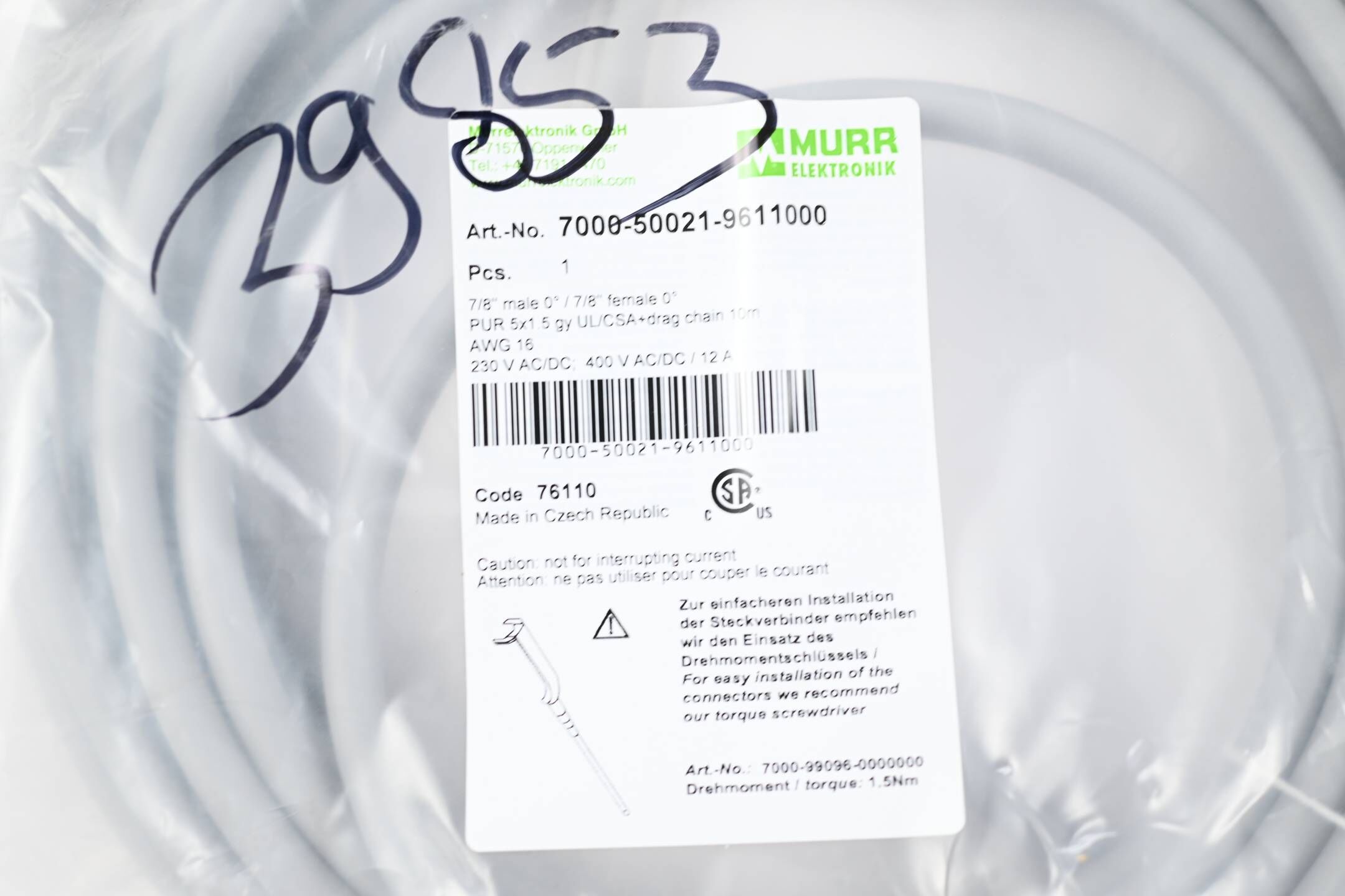 Murr 7/8'' St. 0° PUR 5x1.5 gr UL/CSA+schleppk. 10m ( 7000-50021-9611000 )