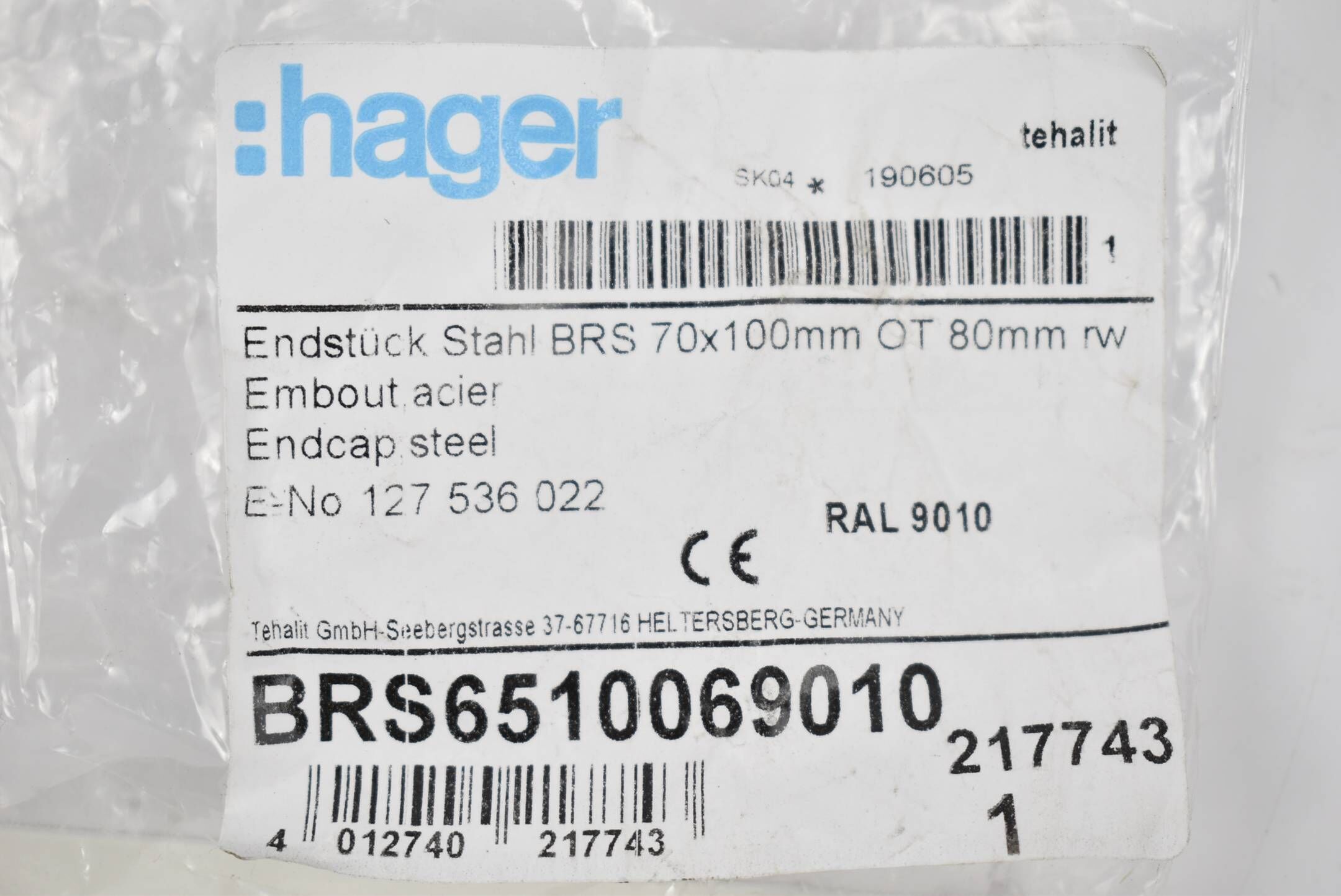 Hager Endstück Stahl BRS 70x100mm OT 80mm BRS6510069010