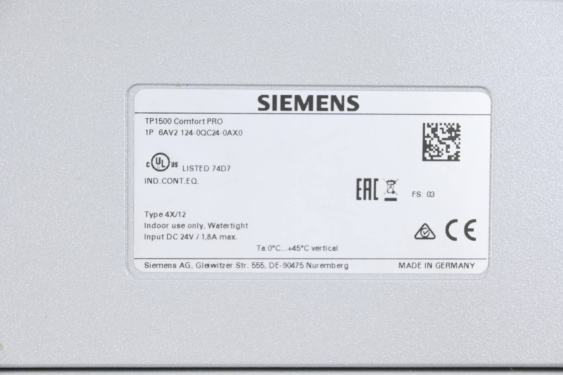 Siemens Simatic HMI TP1500 Comfort Pro 6AV2124-0QC24-0AX0 6AV2 124-0QC24-0AX0 F3