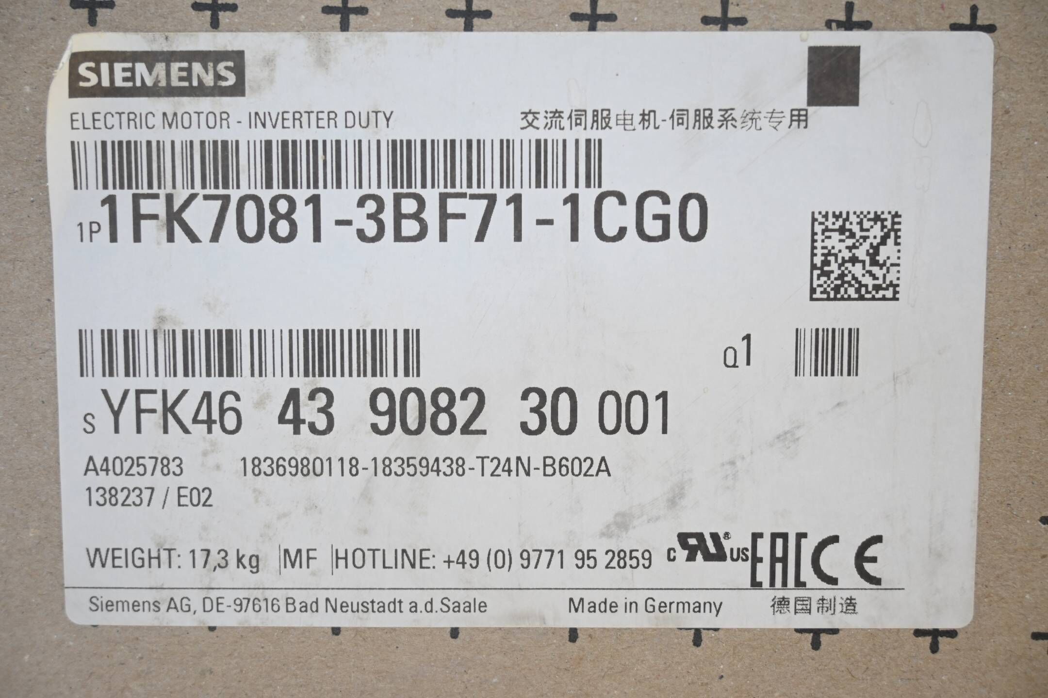 Siemens Simotics Synchronmotor 1FK7081-3BF71-1CG0 ( 1FK7 081-3BF71-1CG0 )