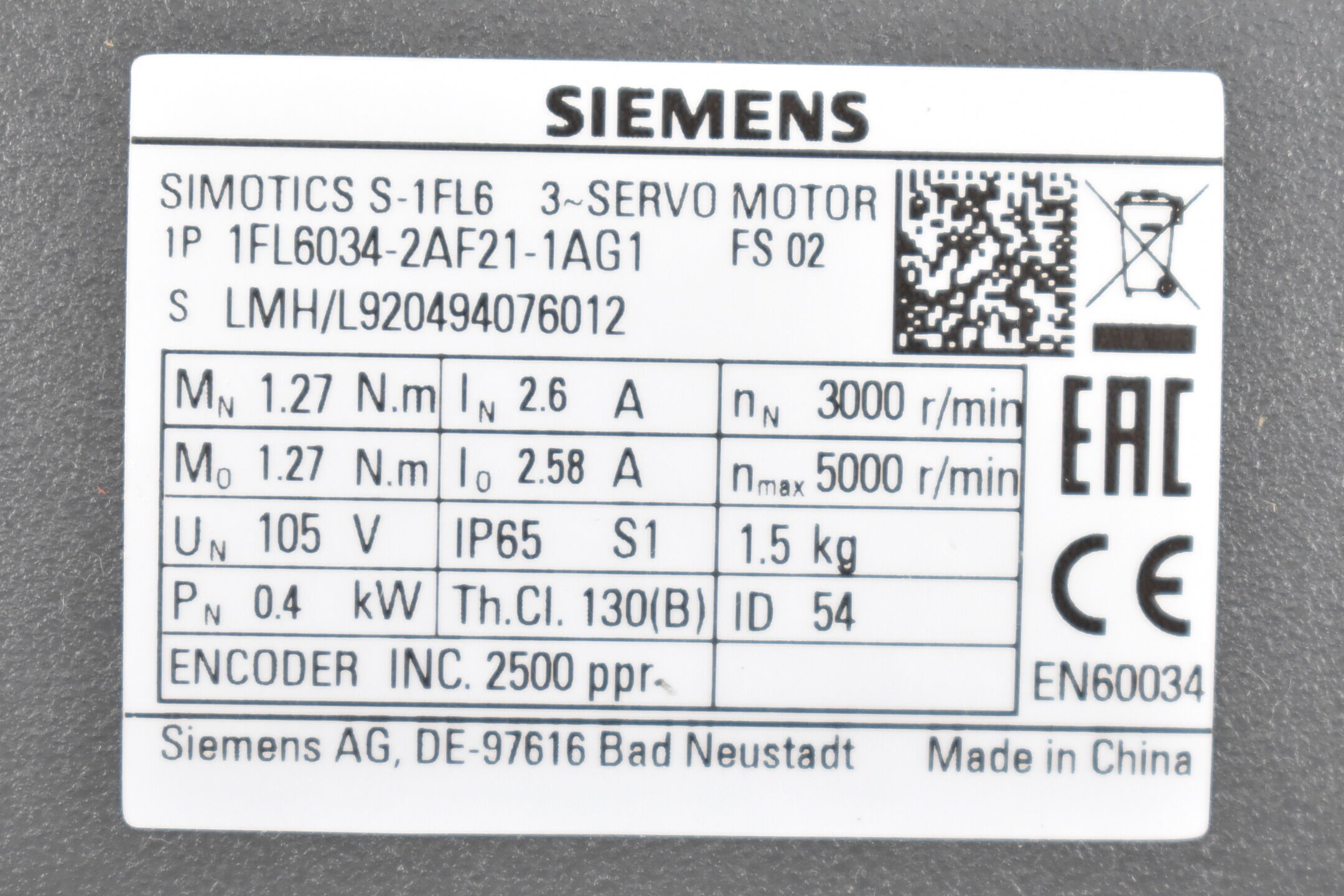 Siemens Simotics 1FL6034-2AF21-1AG1 + Wittenstein CP 015S-MF1-10-0C1-2S