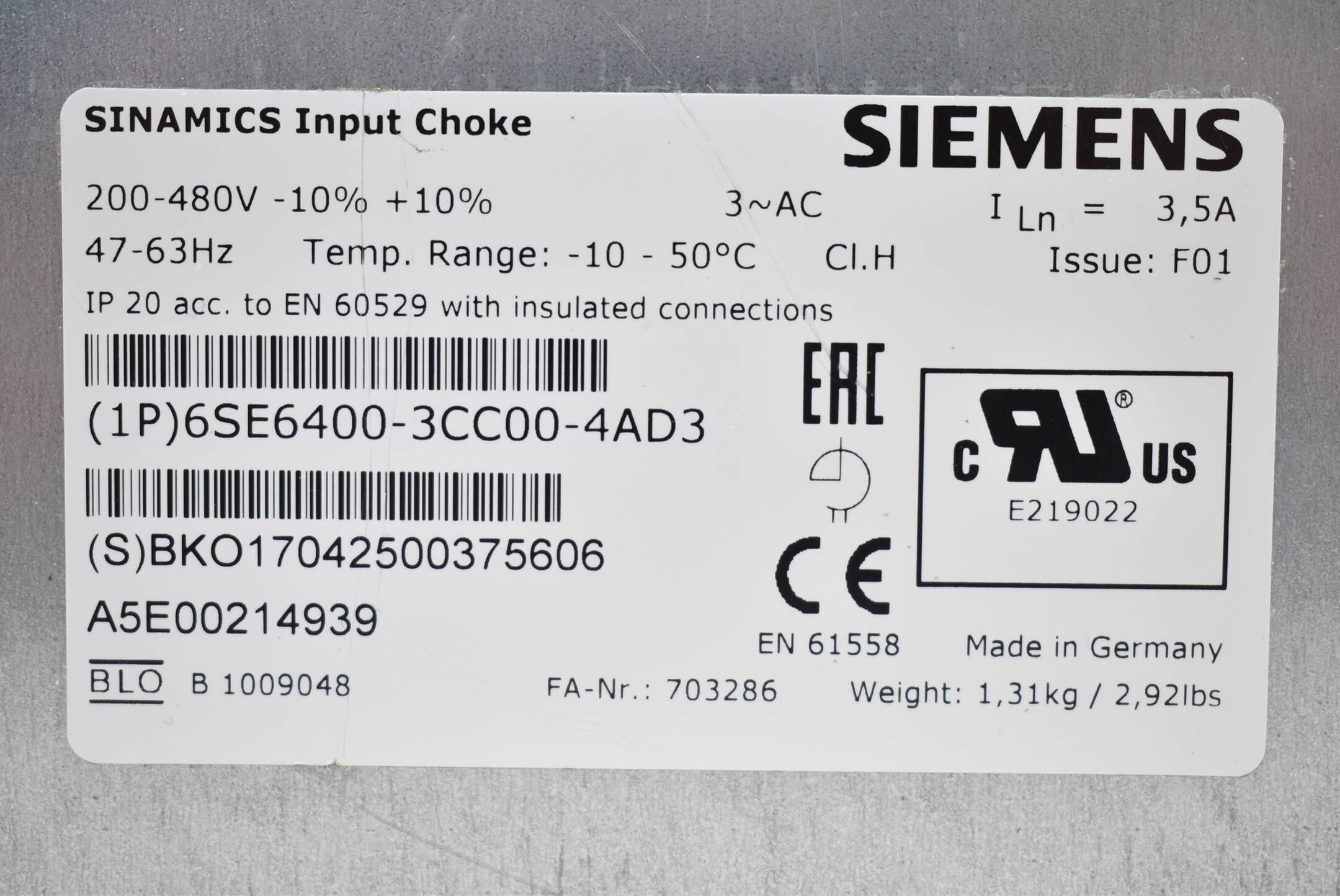 Siemens Sinamics Micromaster 4 Filter 6SE6400-3CC00-4AD3 ( 6SE6 400-3CC00-4AD3 )