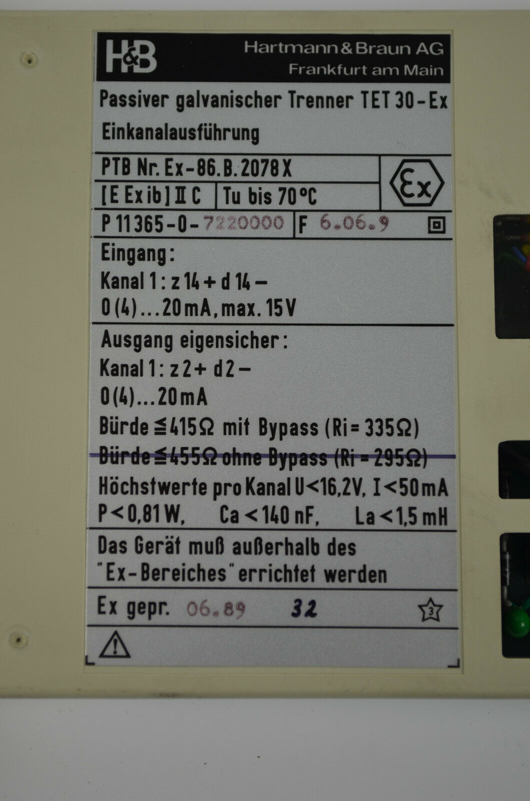 Hartmann&Braun Passiver galvanischer Trenner TET 30-Ex