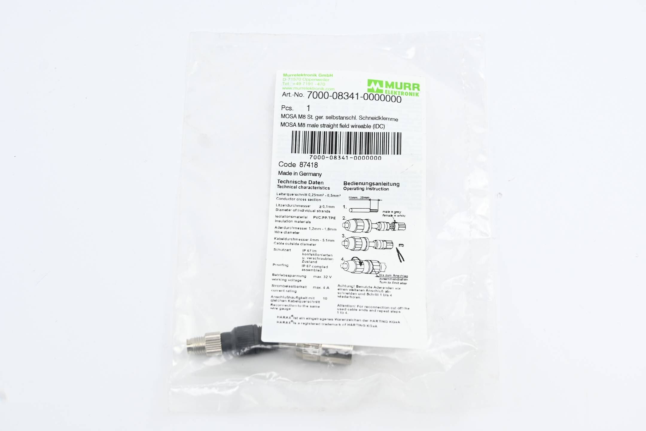 Murr Elektronik MOSA M8 St. 0° A-kod. Schneidklemmanschluss 7000-08341-0000000