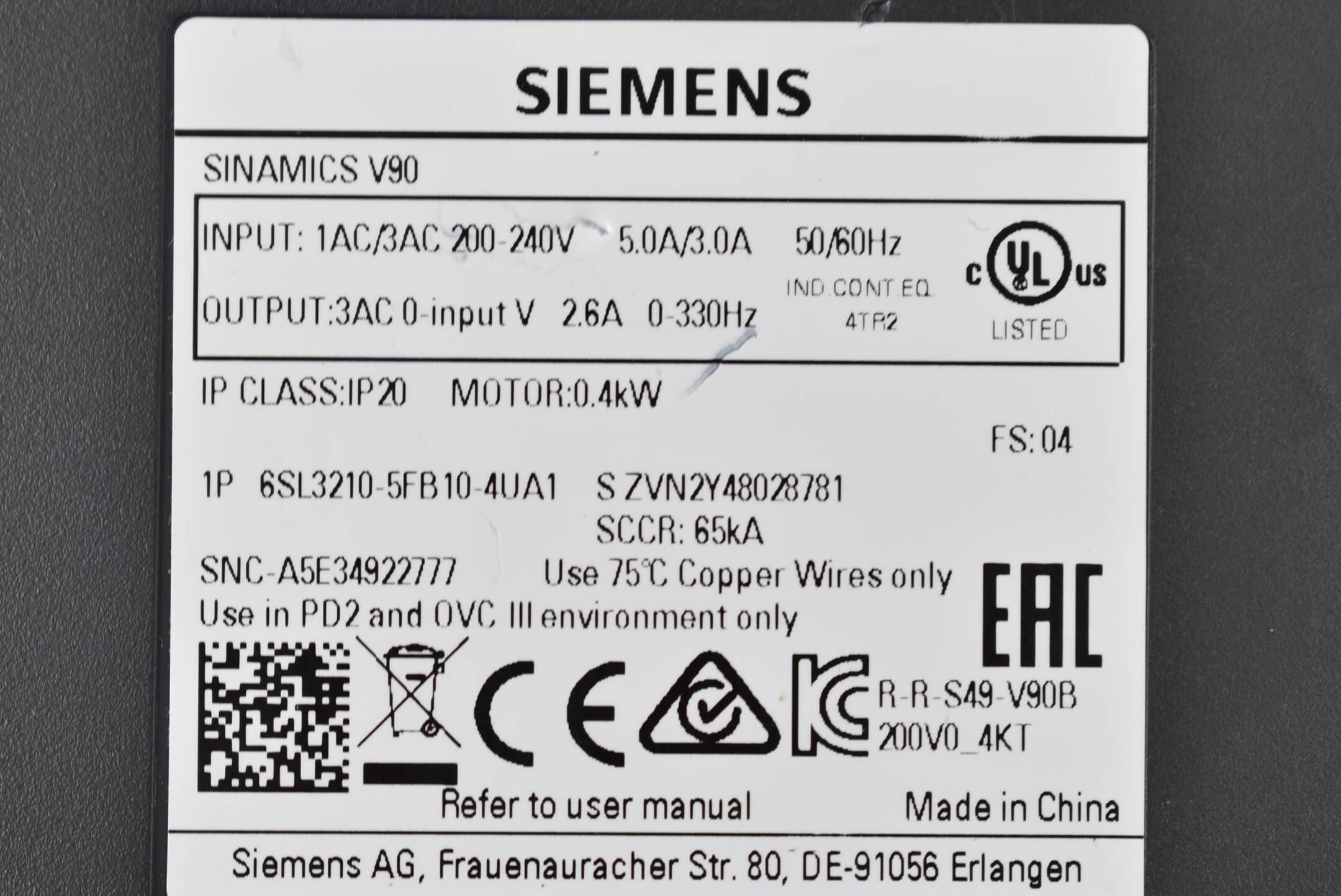 Siemens sinamics V90 6SL3210-5FB10-4UA1 ( 6SL3 210-5FB10-4UA1 ) E.4