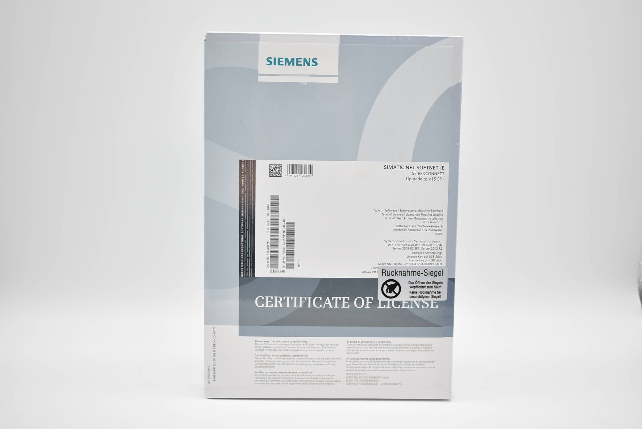 Siemens simatic NET SOFTNET-IE S7 Upgrade V15 SP1 Redconnect 6GK1704-0HB00-3AE0 