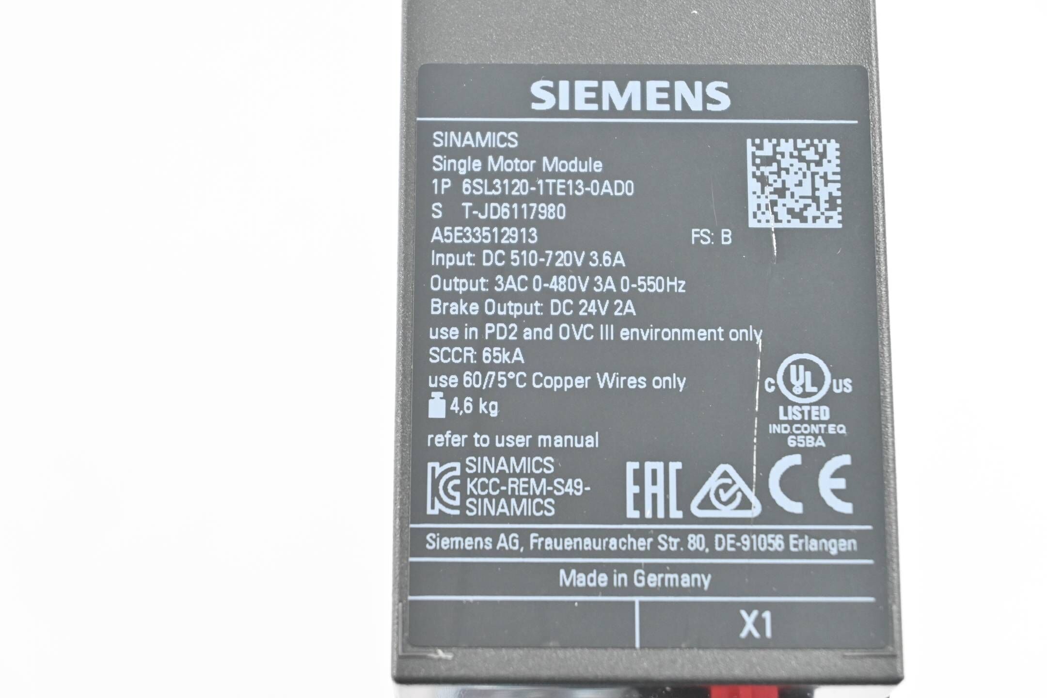 Siemens Sinamics S120 Single 6SL3120-1TE13-0AD0 ( 6SL3 120-1TE13-0AD0 ) Ver. B