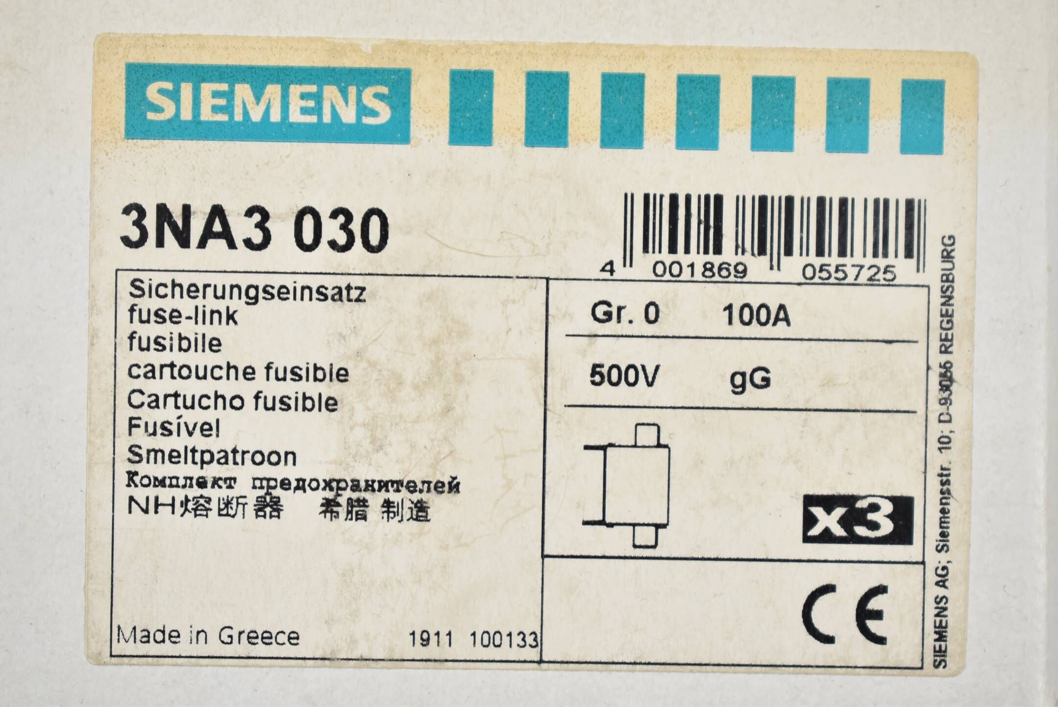 Siemens NH-Sicherungseinsatz NH0 3NA3030 ( 3NA3 030 ) 100A 500VAC
