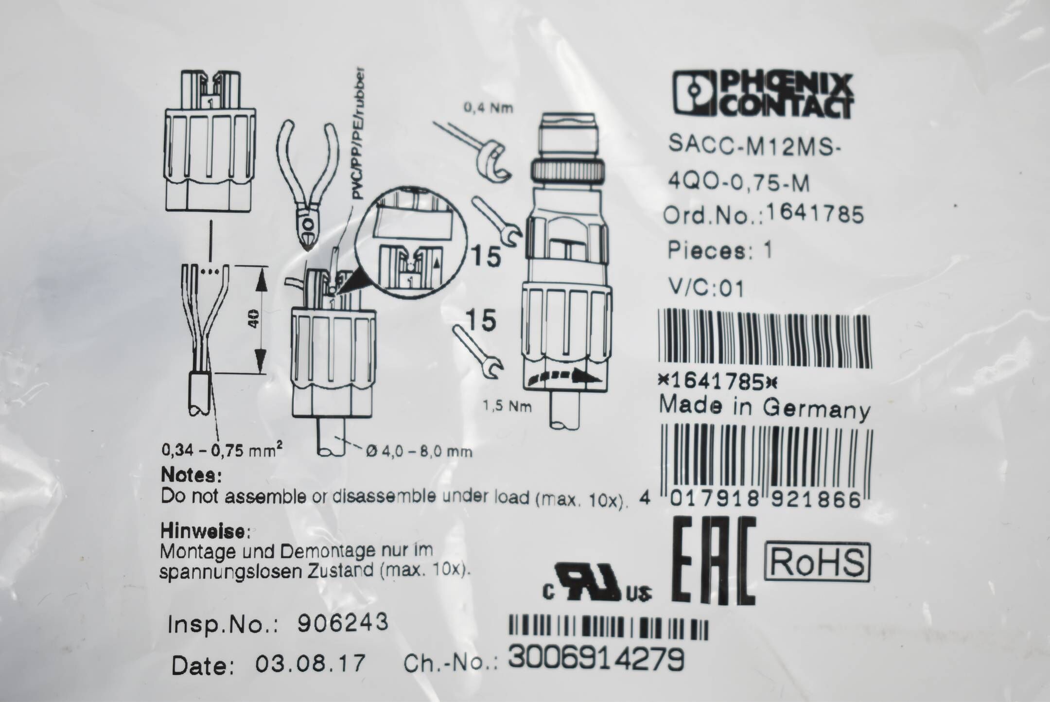 Phoenix Contact Steckverbinder SACC-M12MS-4QO-0,75-M ( 1641785 )